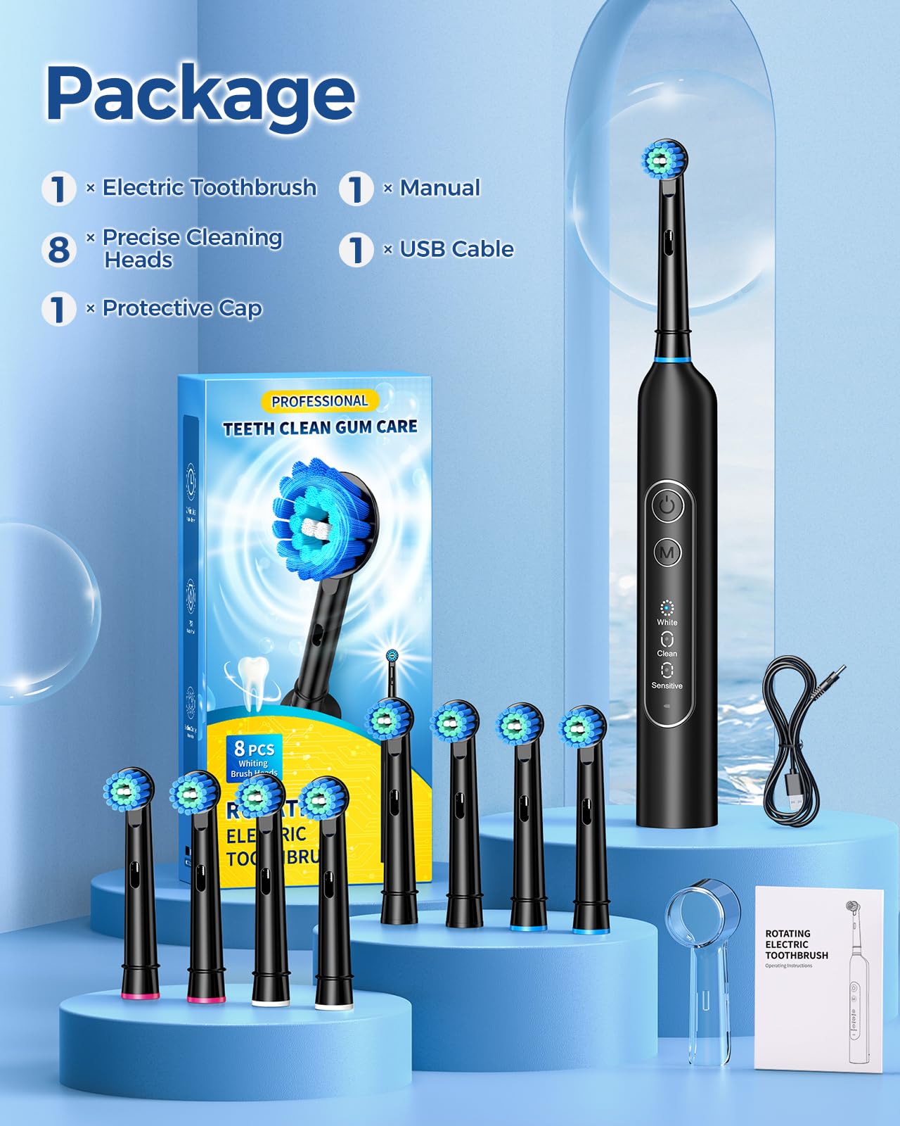 TEETHEORY Rotating Electric Toothbrush for Adults with 8 Brush Heads, Sensitive Gum Care Electric Toothbrush with 3 Modes and 2 Min Smart Timer, Rechargeable Last 60 Days (Black, 1 Count)