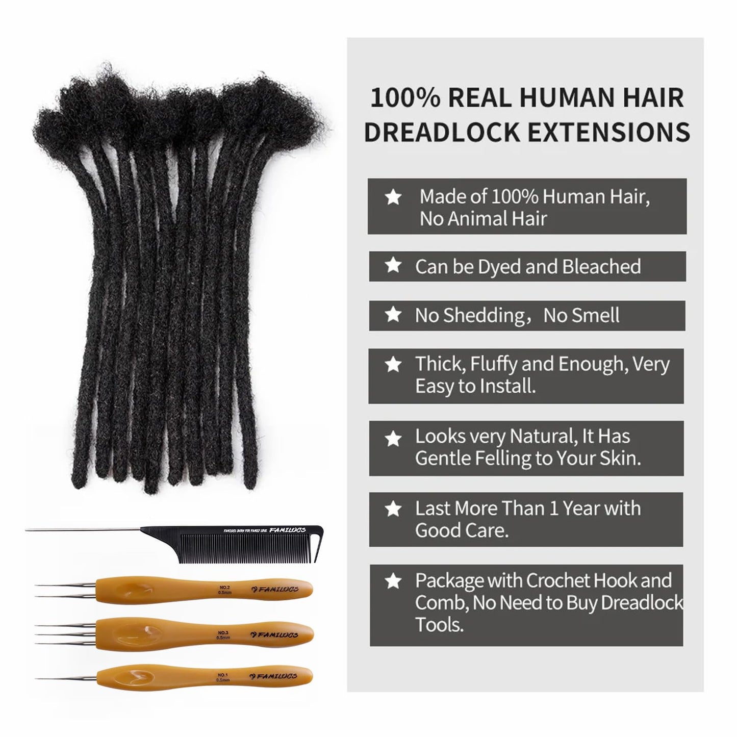 FAMILOCS 12 Inch 10 Strands 100％ Real Dreadlock Extensions Human Hair for Women/Men 0.4cm Width Handmade Loc Extensions Human Hair with Needle and Comb, Can Be Dyed, Curled and Bleached