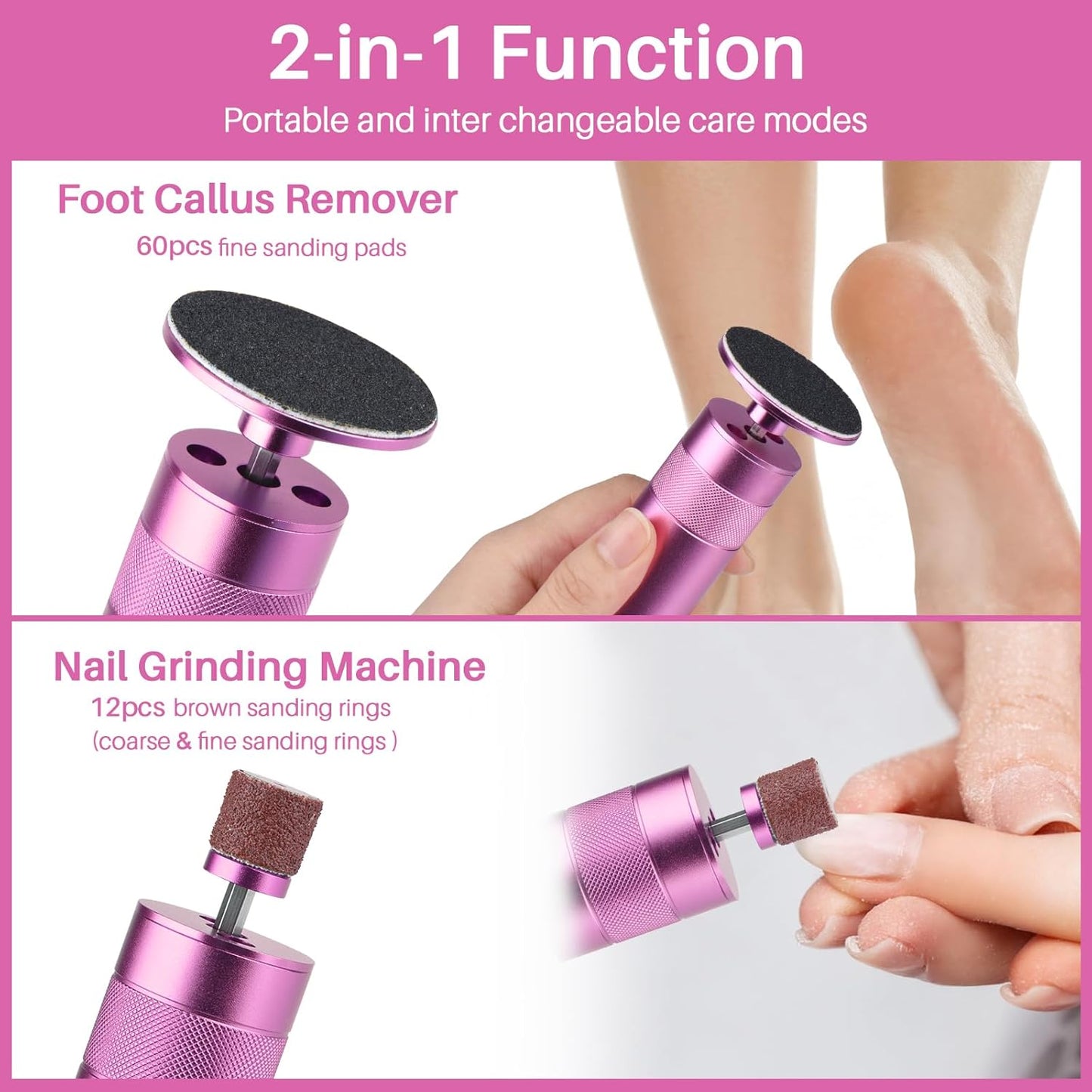 Electric Foot Callus Remover - 2-in-1 Filer with 60 Sandpaper Discs | Pink Foot Care Tool