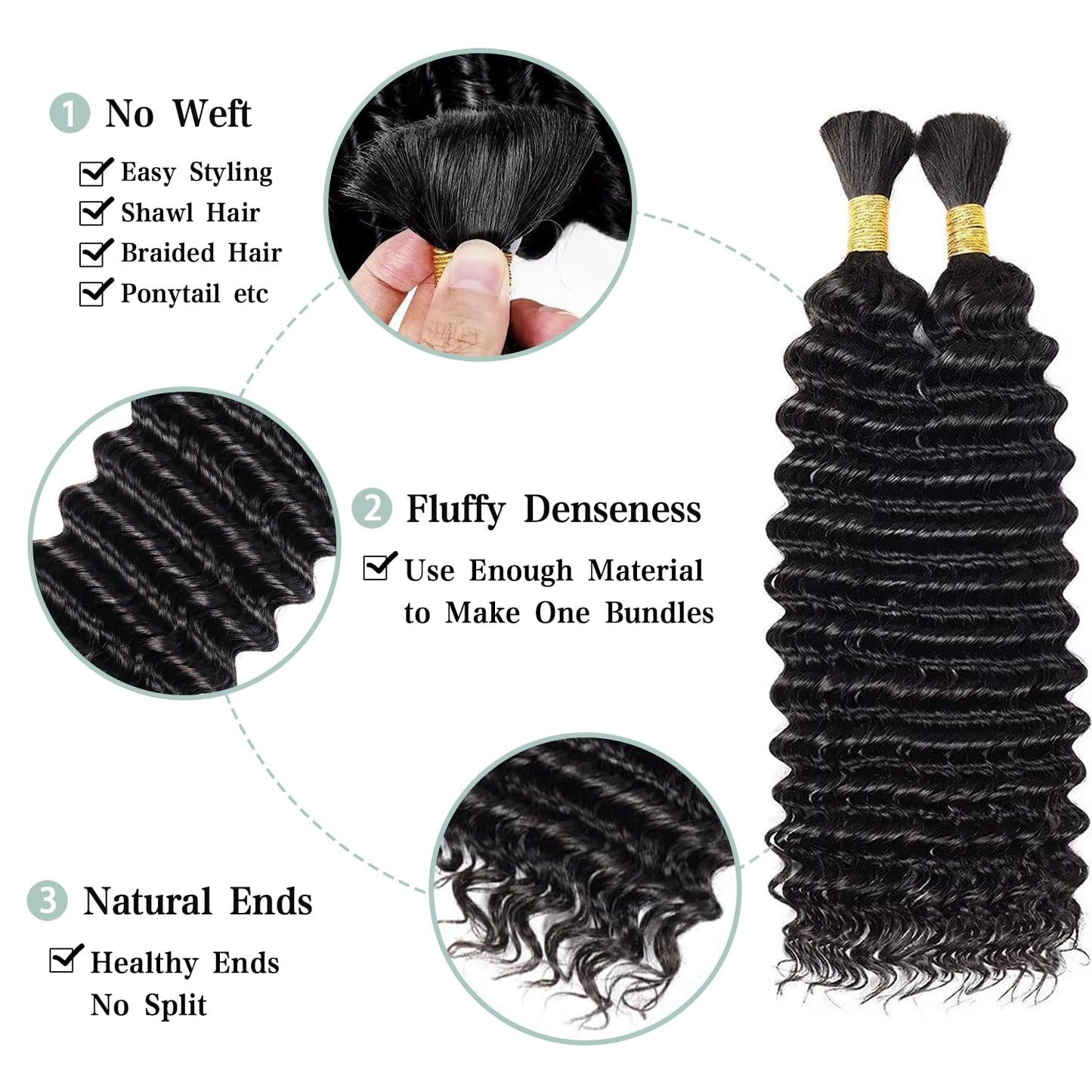 22 Inch Human Braiding Hair 50g Deep Wave Bulk Human Hair for Braiding Brazilian Virgin Human Hair Bundles Wet and Wavy Bundles No Weft Curly Human Hair Extensions for Boho Braids Natural Black