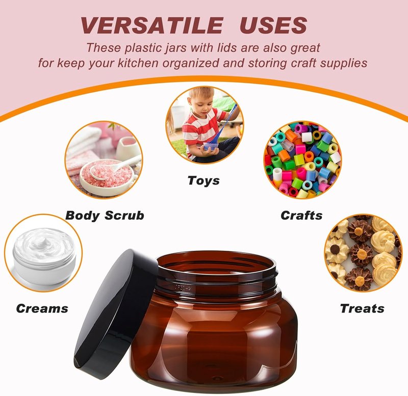 24 Pack Plastic Jars with Lids - Multiuse Slime & Body Scrub Containers | 8 oz, Brown