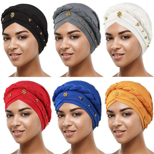 6 Pieces Turbans for Women Turban Head Wraps for African Black Women Headscarf Cap Beanie Wrap Braided(Black, Grey, White, Wine Red, Yellow, Royal Blue,Bead Style)