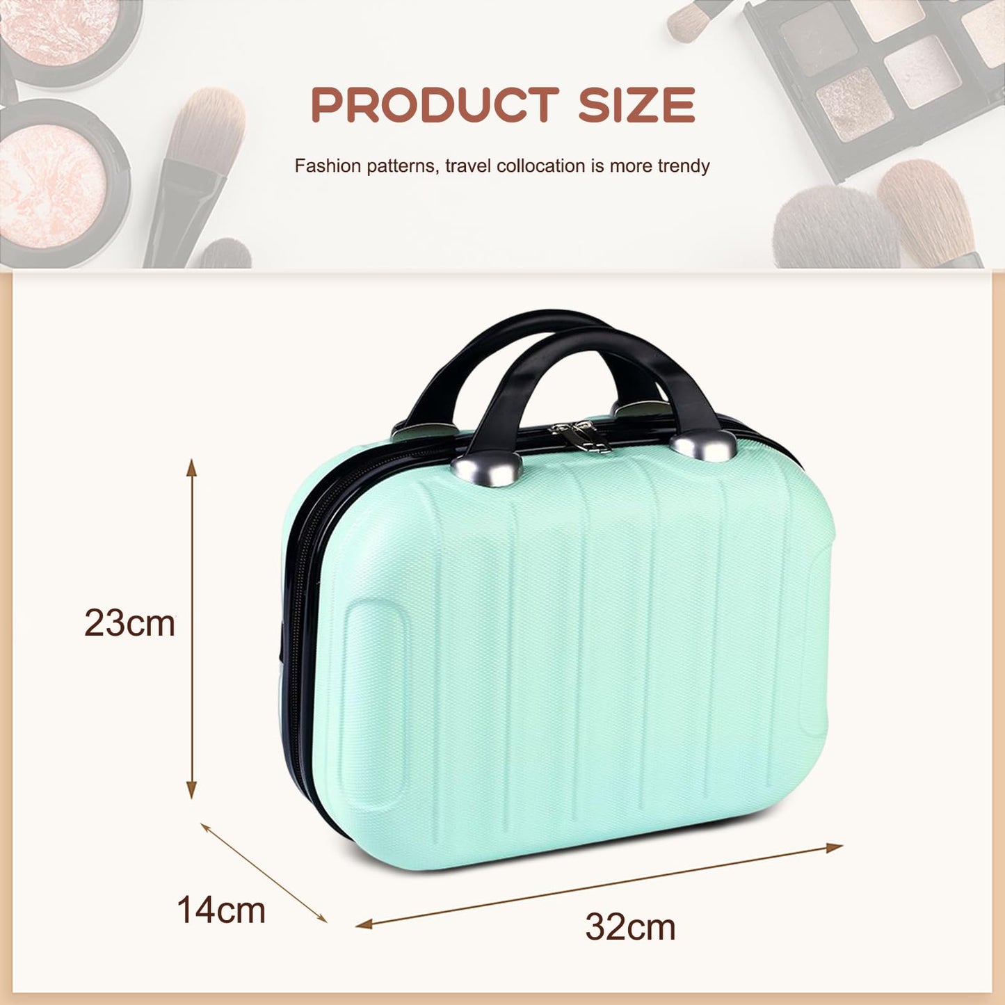 HAHONIA 14inch Hard Shell Vanity Cases with Elastic Band and Zipper, 10L Portable Waterproof ABS Beauty Case, Cosmetic Case for Women Girl
