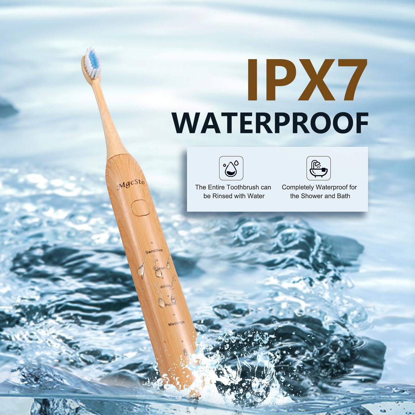 MgcSto Sonic Electric Bamboo Toothbrush for Adults -5 Adjustable Cleaning Modes -Includes 2 Bamboo Heads with Castor Oil Bristles - Upgraded IPX7 Waterprood -Convenient Charging & Travel Case
