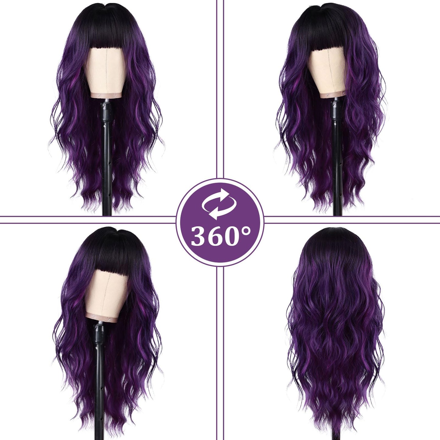Wallden Hair Purple Wigs with Bangs Long Curly Wavy Women's Wig Ombre Heat Resistant Synthetic Bangs Wig for Daily Party Use(Ombre Purple, 26 Inches)