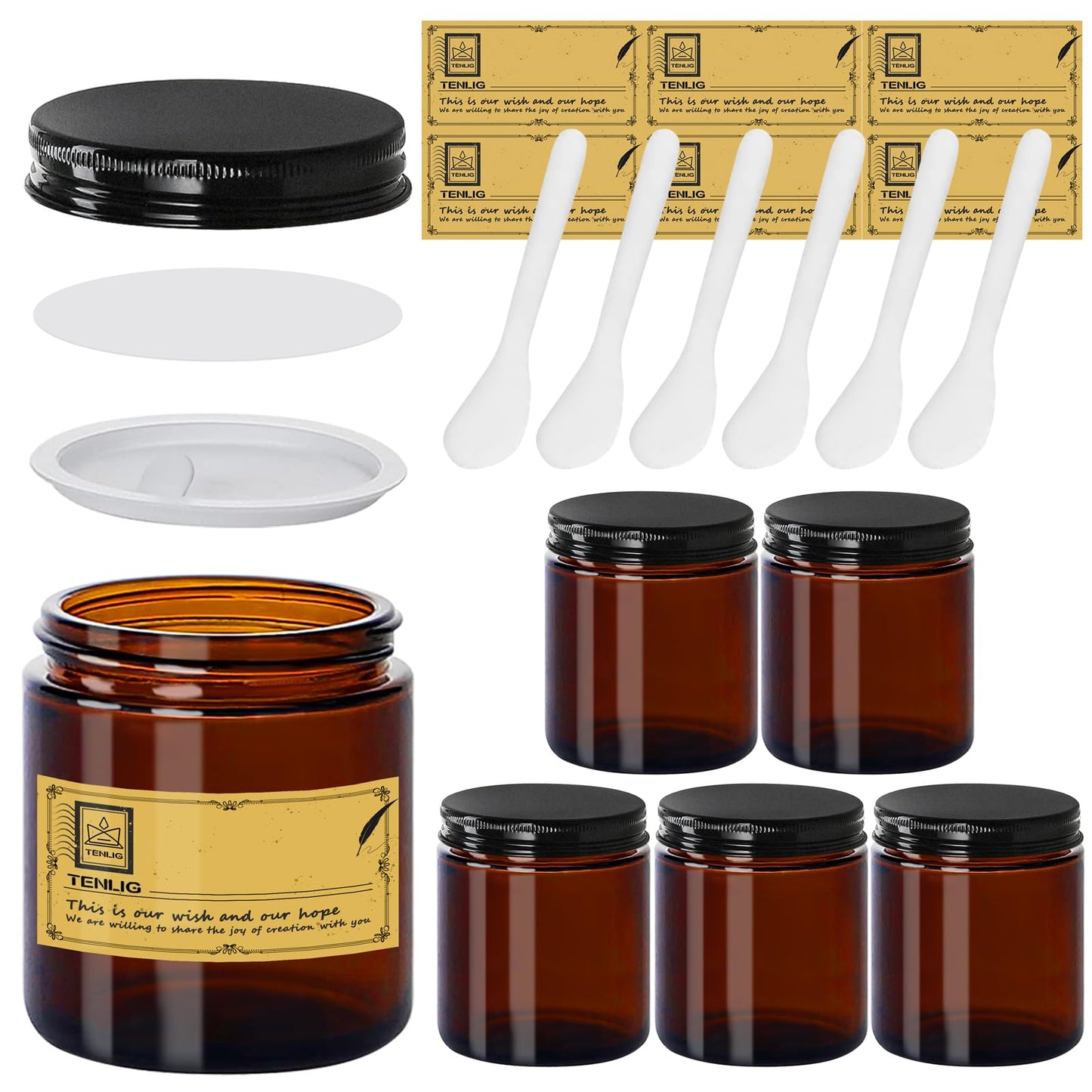 TENLIG 8 oz Glass Jars with Lids,Amber,6 Pack Empty Cosmetic Containers with Inner lids and Inner Liners,Black Metal Lid,Refillable Round Airtight Jars,Use to store Lotion,Powders,Candle Making