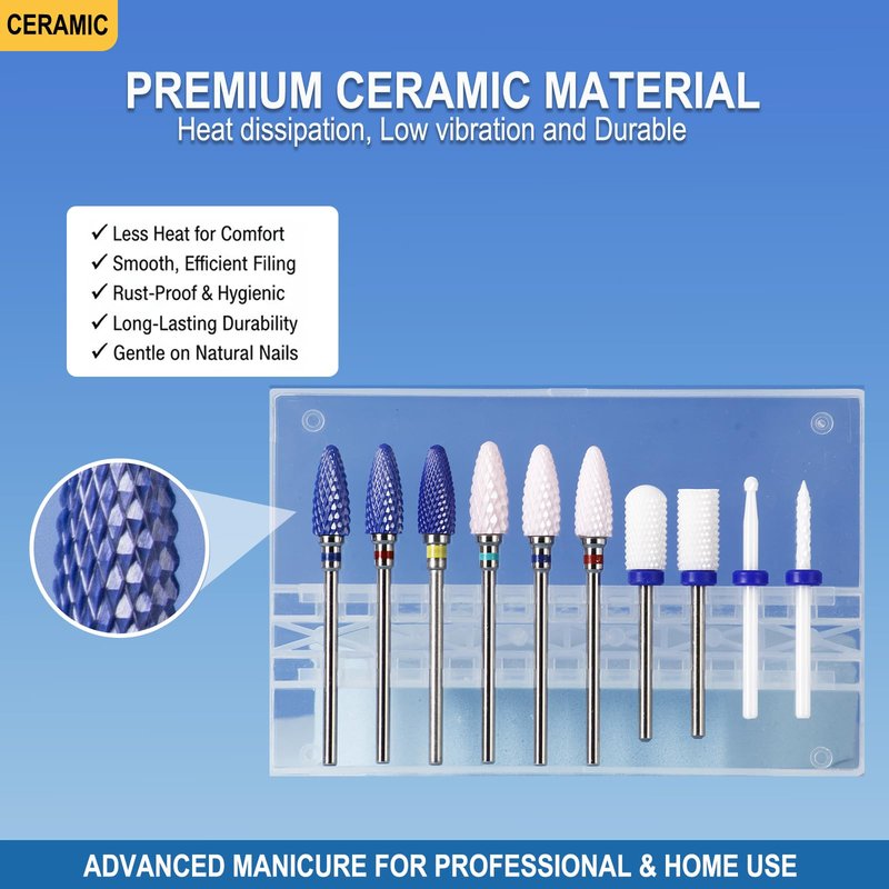 Feecy Nail Drill Bits Set Ceramic for Acrylic Nails Gel Polish Professional, 3/32 Inch Efile Nail Drill Bits Kit for Cuticle Safety Barrel Nail Art Tools with Holder, 10pcs (S10-B)
