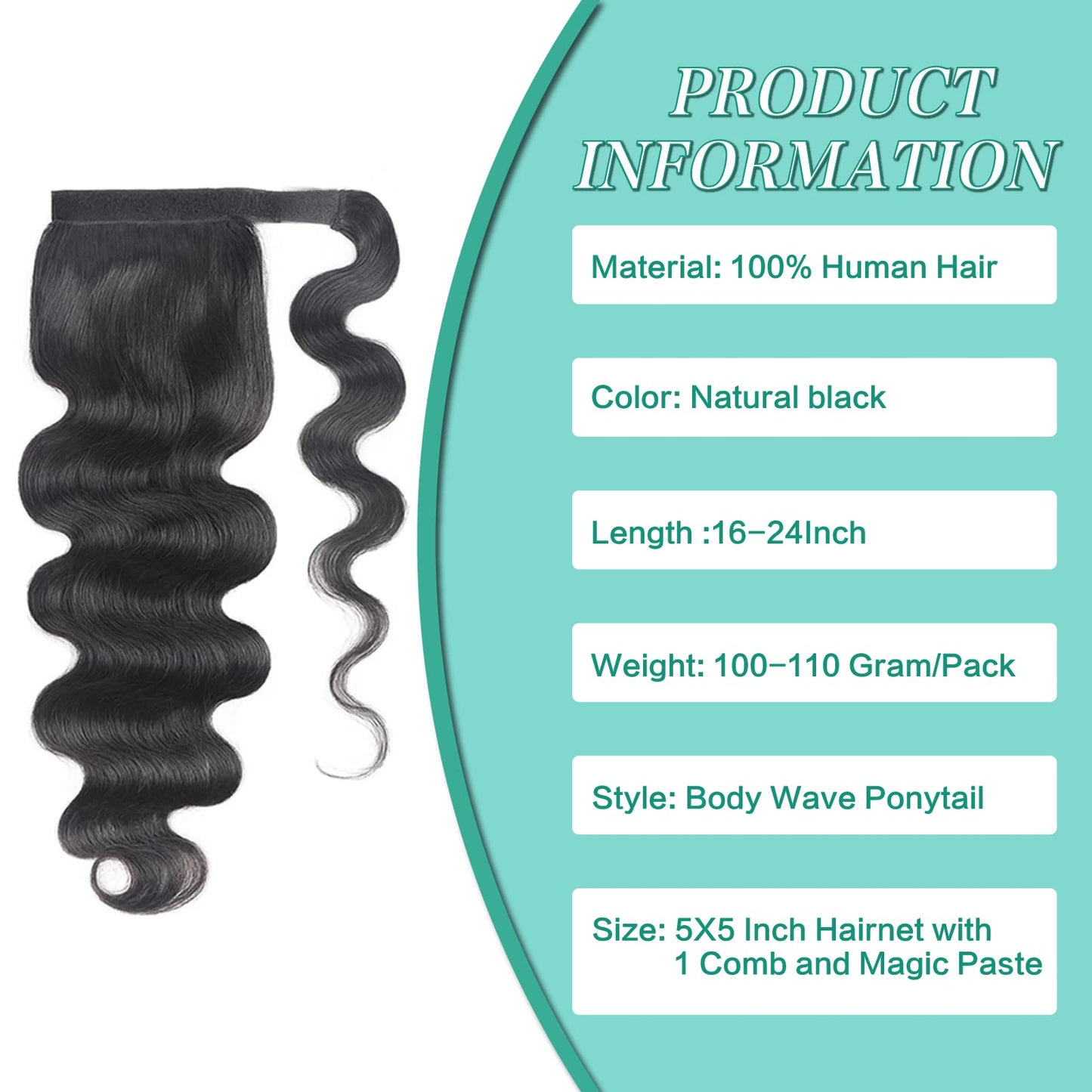 Humistwbiu Human Hair Body Wave Ponytail with Magic Paste Warp Around 100% Brazilian Virgin Human Hair Ponytail for Black Women Natural Color 18 Inch