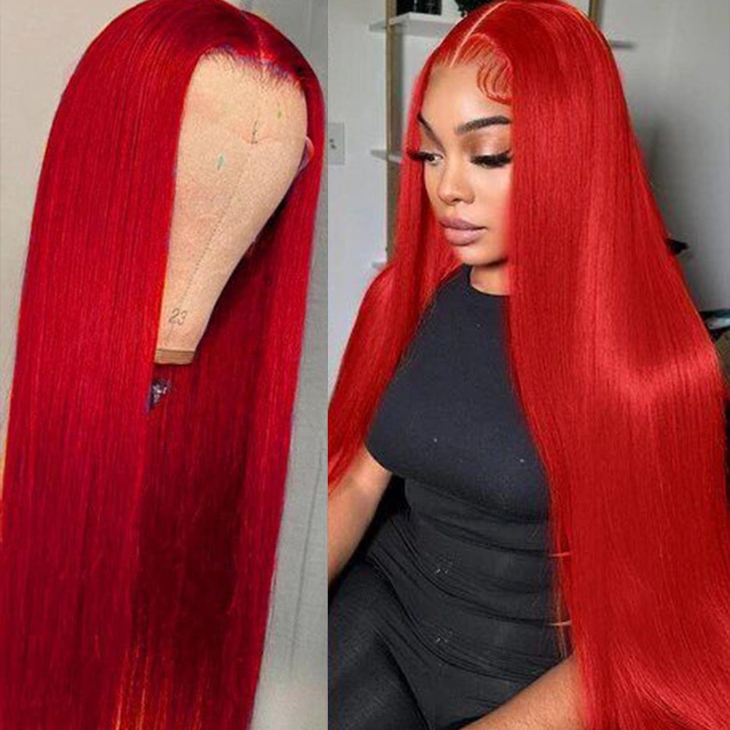 TaBeWay Red Colot Straight Synthetic 13x4 T-part Wigs with Baby Hair Glueless Pre-plucked Natural Hairline Synthetic Lace Front Wigs for Women 32inch