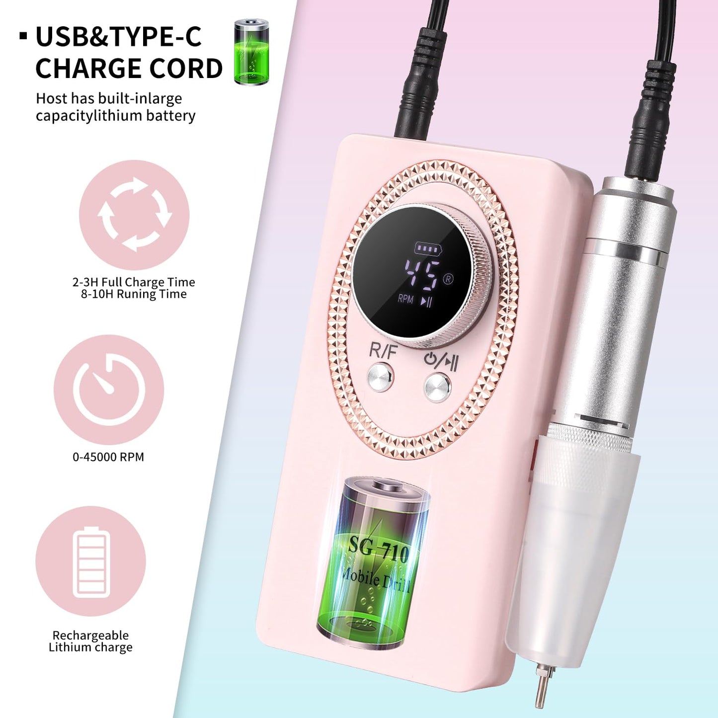 Electric Nail File for Acrylic Nail Kit 45000RPM Electric Pink Nail Drill Professional Manicure Pedicure Set with Nail Drill Kit Bits Efile Cordless for Manicure