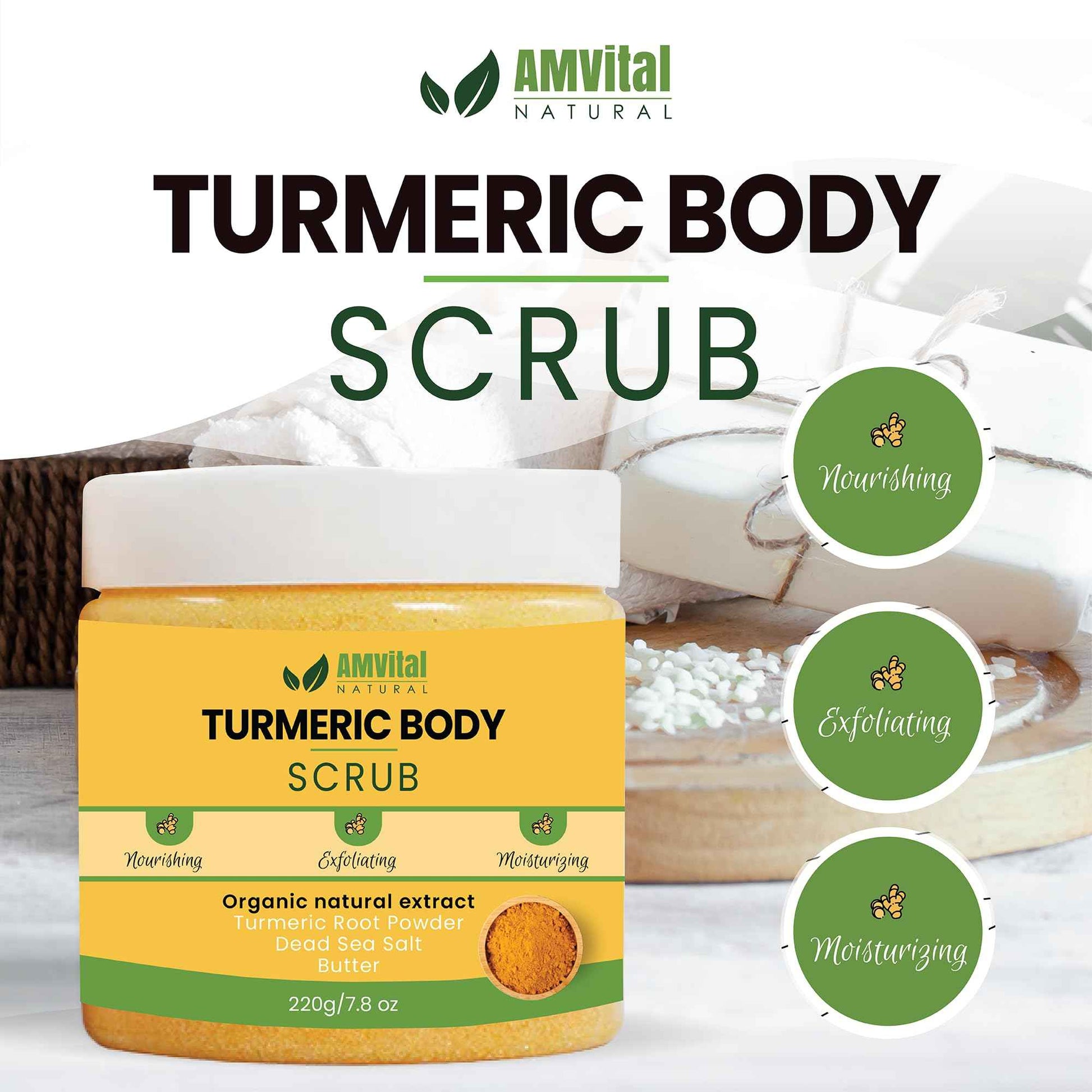 AMVital Turmeric Skincare Bundle: Turmeric Body Scrub (220g) & Turmeric Face Serum (30ml) - Natural Exfoliating, and Hydrating Skincare Set