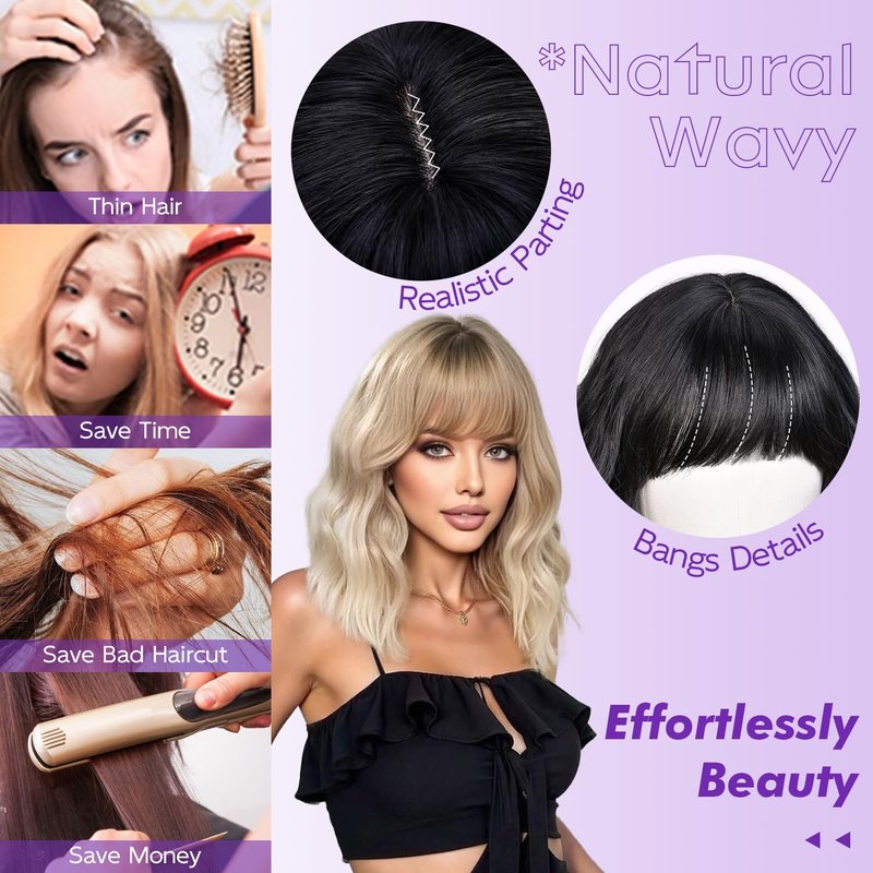 CURLCRAZY Short Wavy Wig with Bangs for Women Black Curly Wigs Natural Wavy Synthetic Wigs for Daily Party Cosplay 14inch