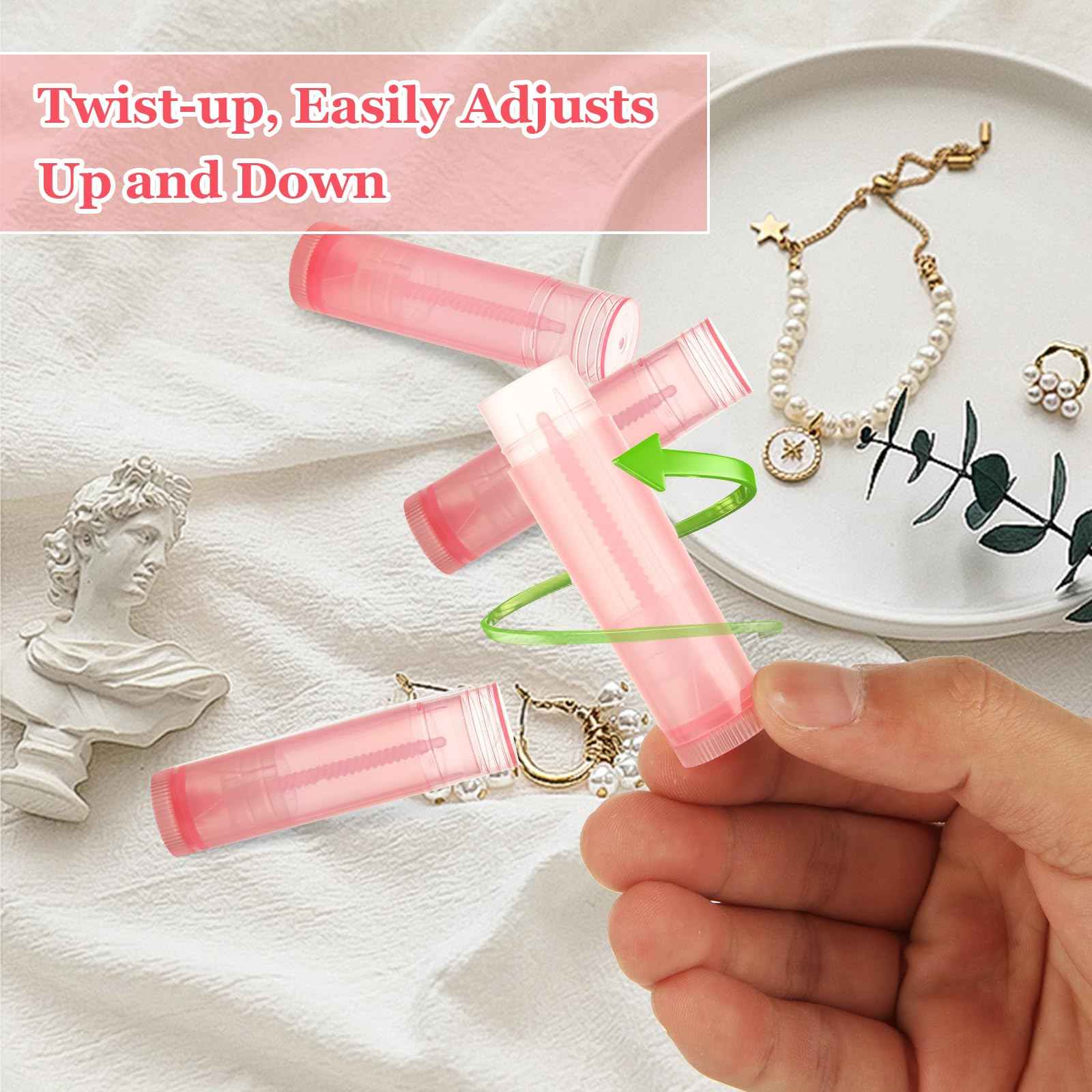 LANIAKEA 100PCS Lip Balm Tubes with Filling Tray and Spatula Set, Clear Containers with Pink Caps, Empty Chapstick Tubes Bulk for DIY Lipstick Homemade 3/16 Oz (5.5 ml)