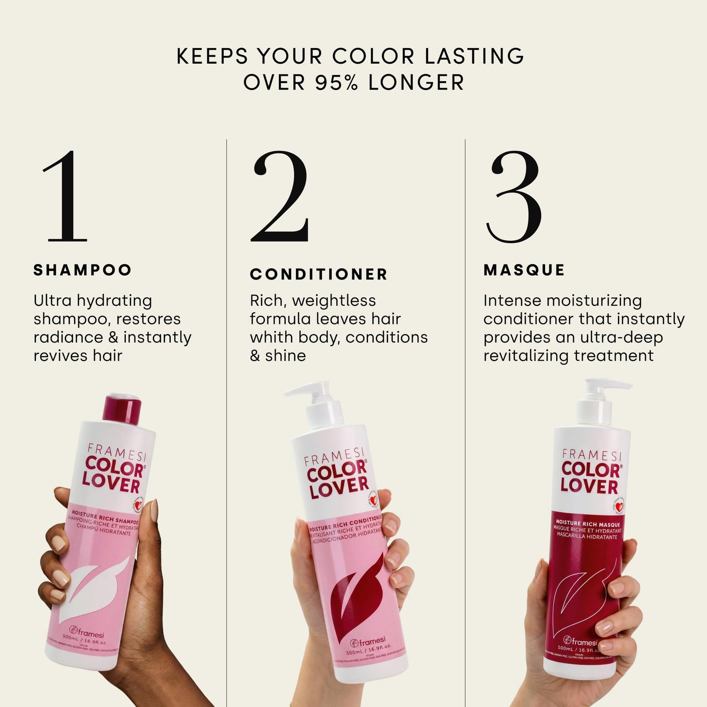 Framesi Color Lover Moisture Rich Conditioner - Hydrating Conditioner for Color Treated Hair - Sulfate Free Conditioner for Dry Hair - Moisturizing Conditioner with Quinoa + Coconut Oil (33.8 Fl Oz)