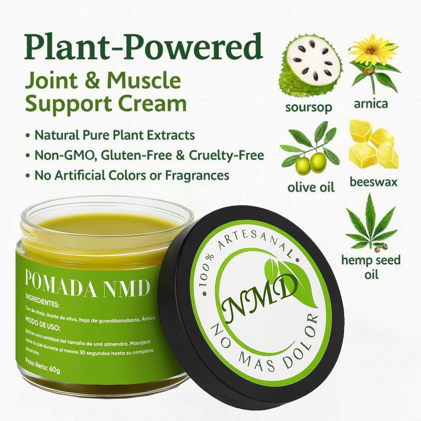 Dotkara Pomada NMD, Pomada NMD para Dolor, Joint & Muscle Support Cream for Knee, Neck, Hip, Hands, Feet, with Soursop, Arnica, Olive Oil, Beeswax and Hemp Seed Oil, Non-Greasy 2oz Cream (1)