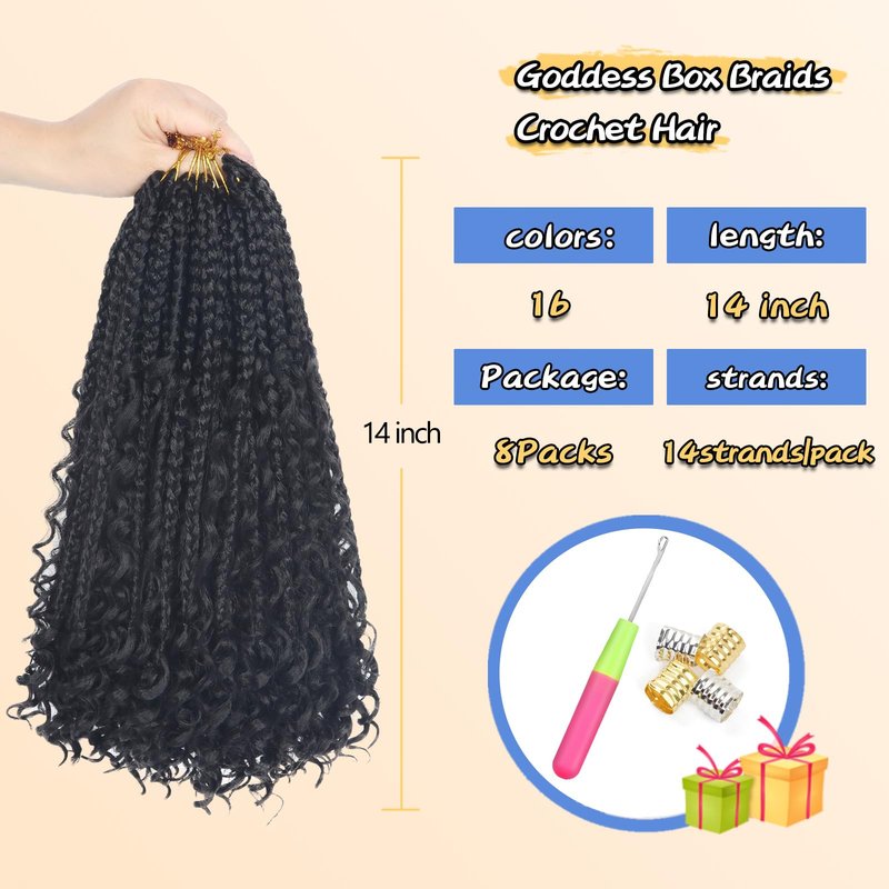 Goddess Box Braids Boho Crochet Hair - 14Inch Pre-Looped Box Braids With Curly Ends (14 Inch, Pack of 8, #1B)
