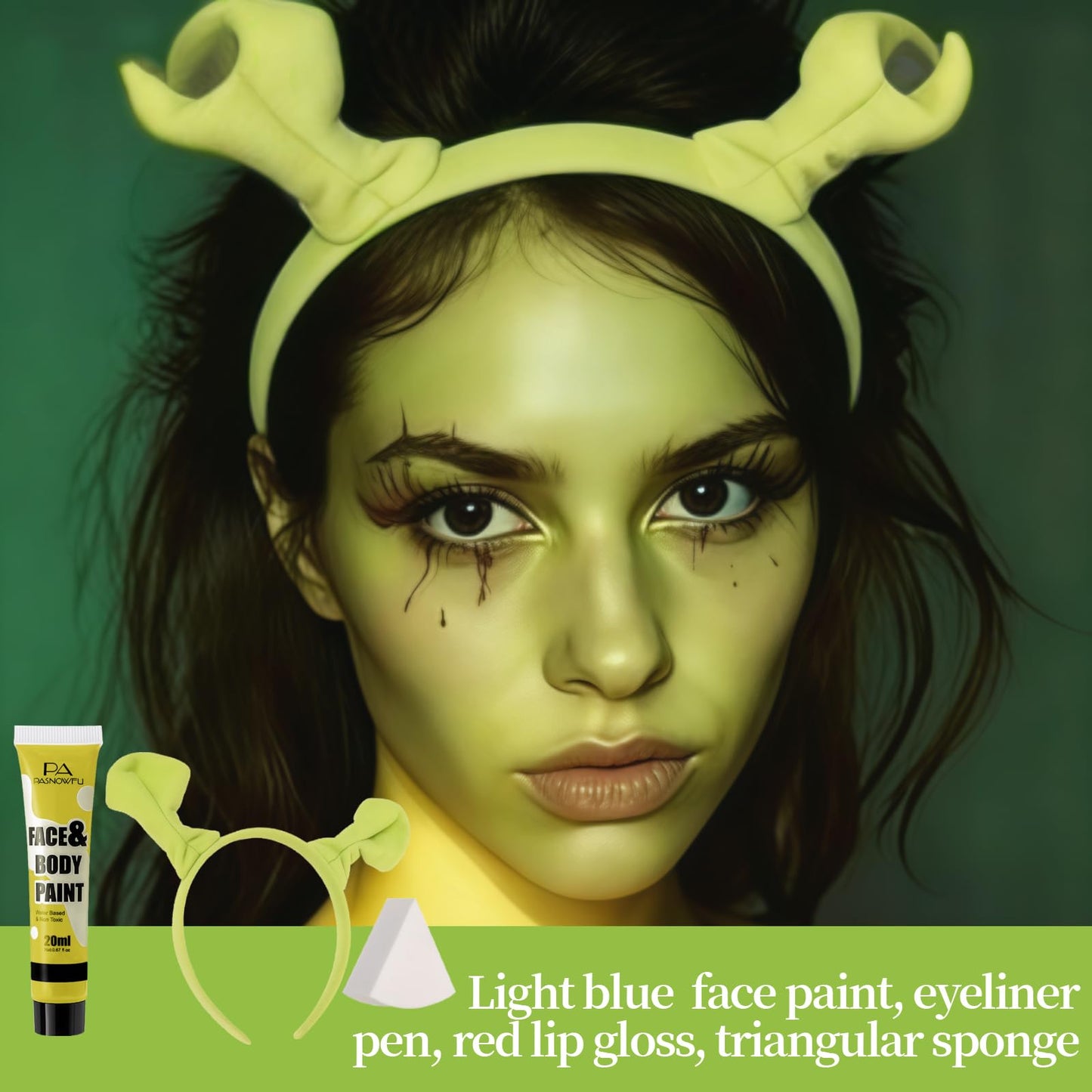 PASNOWFU Halloween Makeup Kit for Shrek, Water-Based Non-Toxic Face Paint Set with Headband, Ogre Green Face Paint for Halloween Cosplay SFX Makeup, Costume Parties, Theatre,Stage Shows