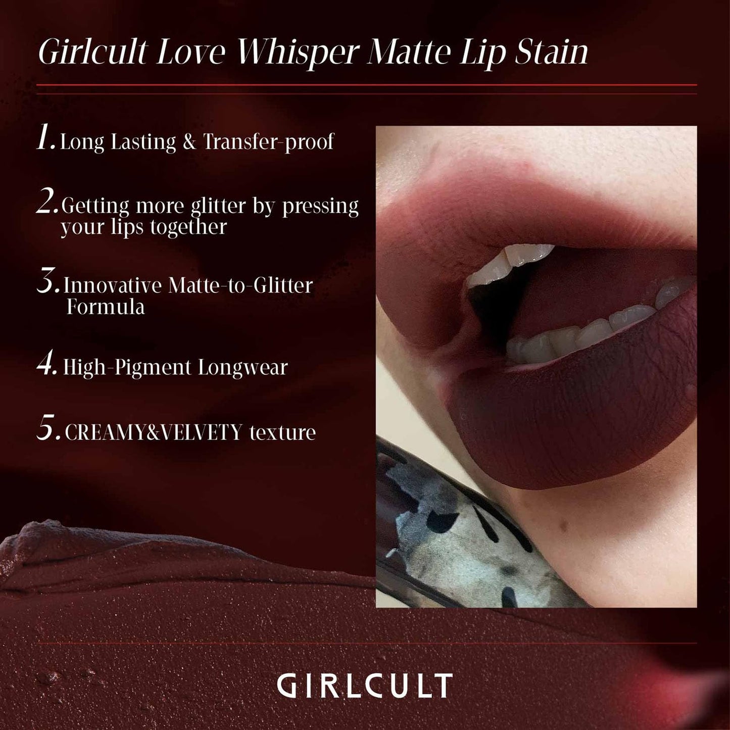 GIRLCULT Matte Lip Stain – Lightweight Velvet Lip Tint, Soft Matte Liquid Lipstick, Transfer-Resistant, Buildable Color, Comfortable Wear (M60)