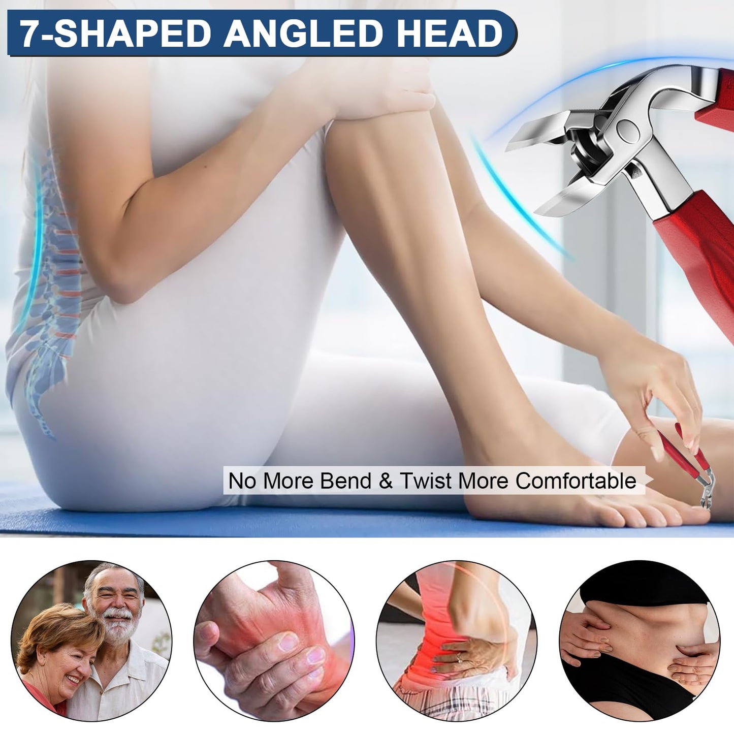 DUAIU 7Pcs Toenail Clippers for Thick Nails, Angled Head Large Nail Clippers for Senior, Heavy Duty Ingrown Toenail Clipper Sets with Wide Jaw, Sharp Nail Clipper Kits for Men and Women, Long Handle