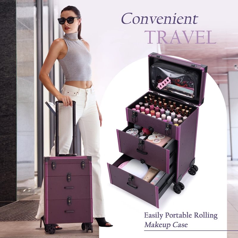 FRENESSA Rolling Nail Case Wheeled Manicure Storage Case Polish Organizer Professional Makeup Trolley for Studio or Travelling Nail Technician Artists Cosmetologist Stylist - Vegan Leather
