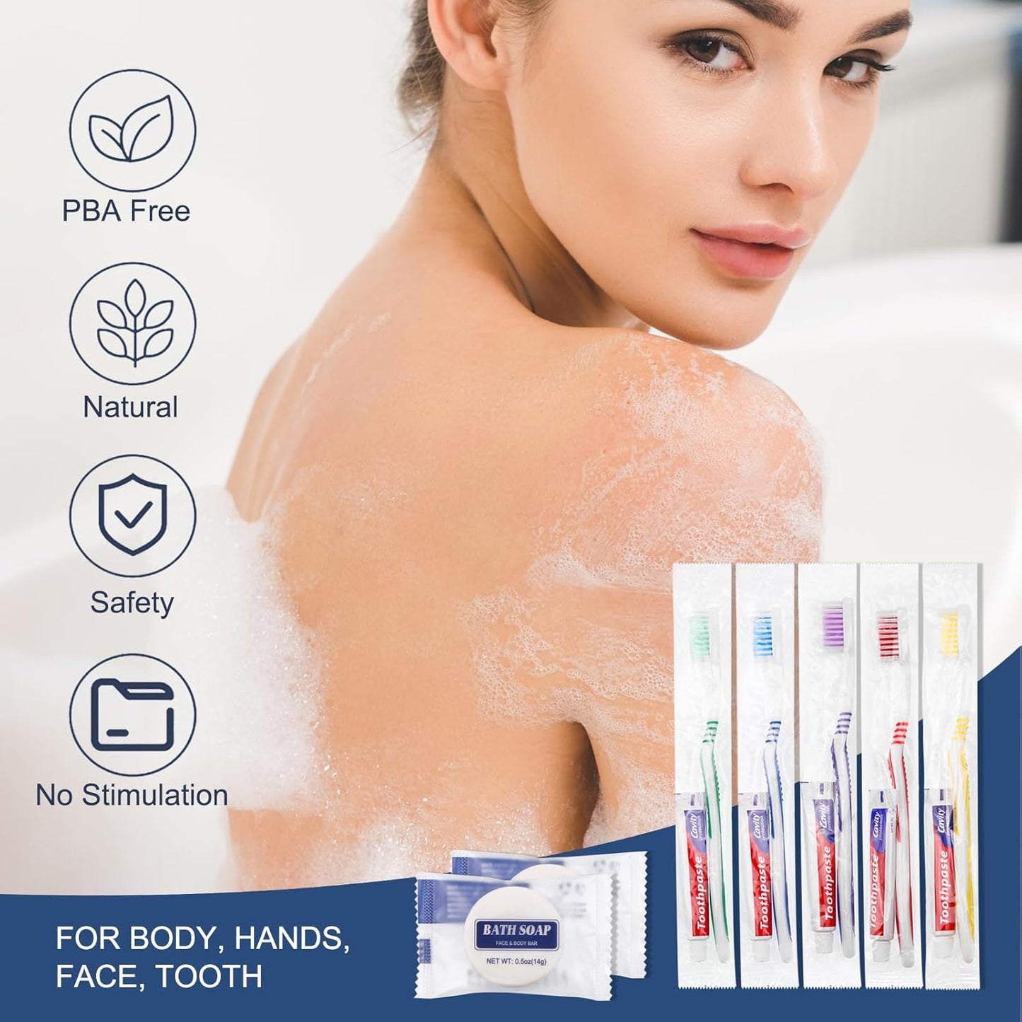 Disposable Toothbrush Set - 50 Individually Wrapped Toothbrushes with Toothpaste & Soap | 5 Colors, 0.5 oz Bars