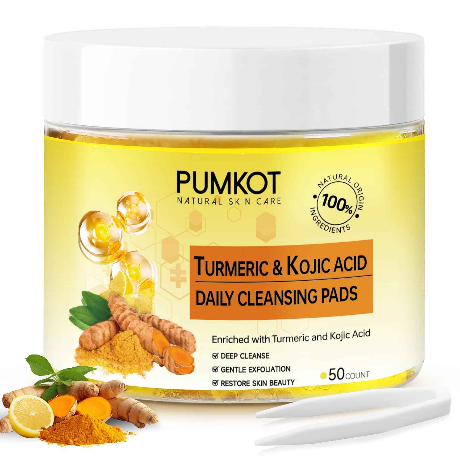 Pumkot Turmeric Kojic Acid Cleansing Pads, Turmeric Face Scrub Pads Enriched with Kojic Acid, 50PCS
