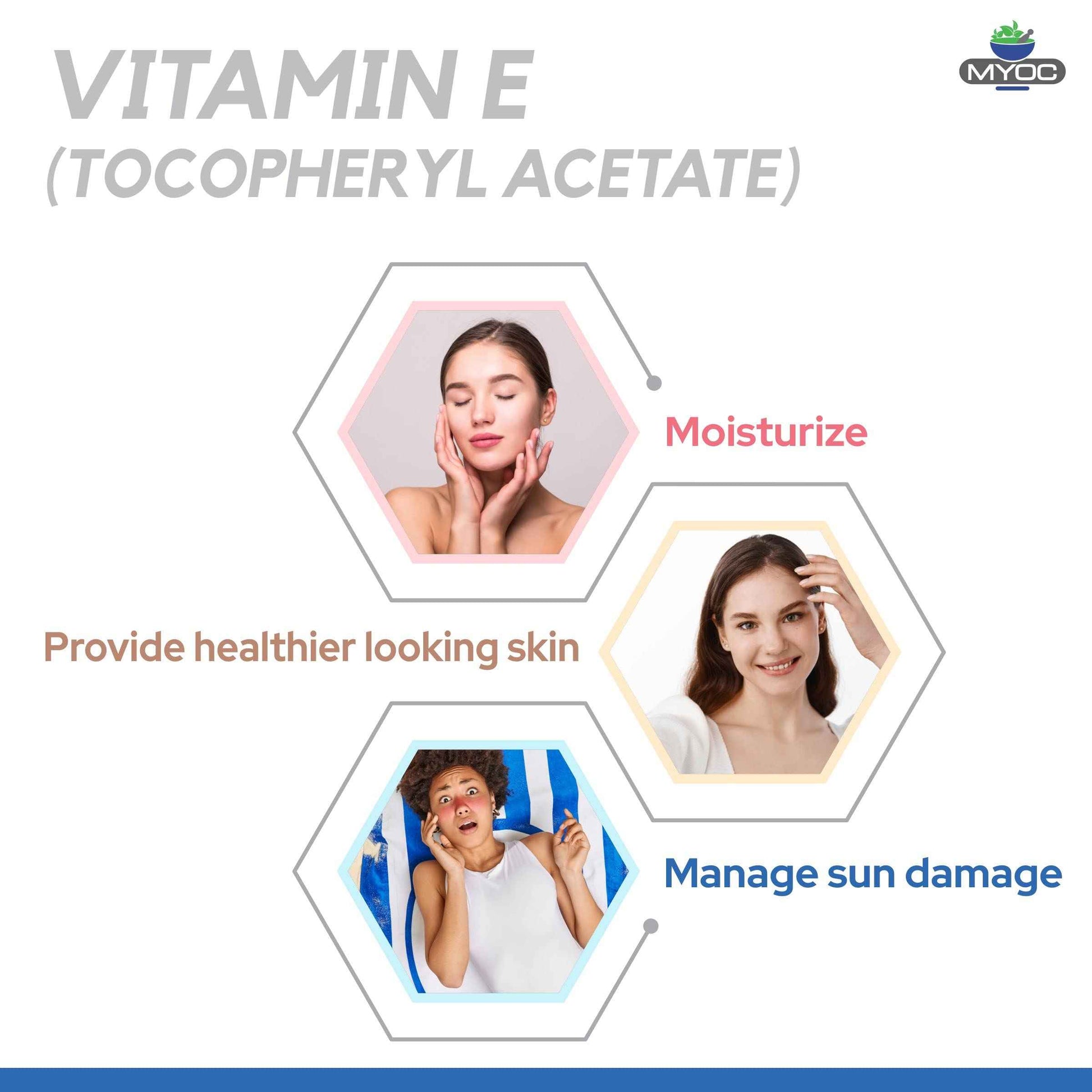MYOC Tocopherol Acetate Vitamin E Pure Pale Yellow Cosmetic Grade Raw Material for DIY Creams Soaps Lotion Shampoo & Serum, Moisturizes & Nourishes Skin - 50 ml