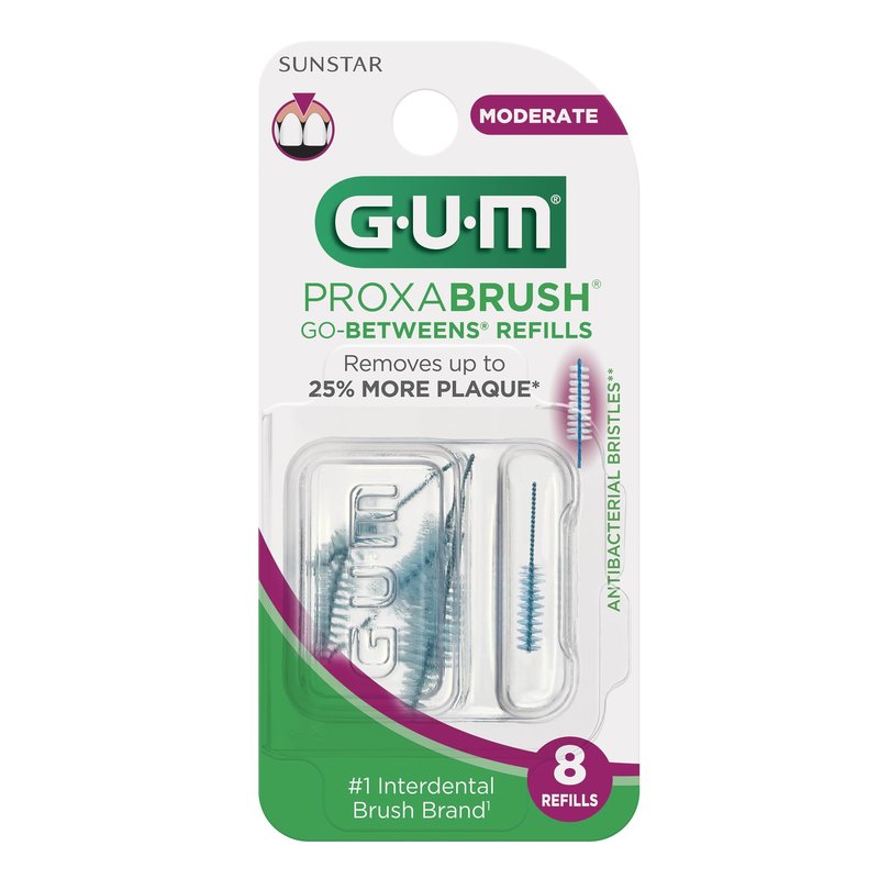GUM Proxabrush Go-Betweens Moderate Refills – Compatible with GUM Permanent Handle, Soft Bristle Interdental Brushes for Plaque Removal, Gum Health & Braces Care, 8 Count (Pack of 6)
