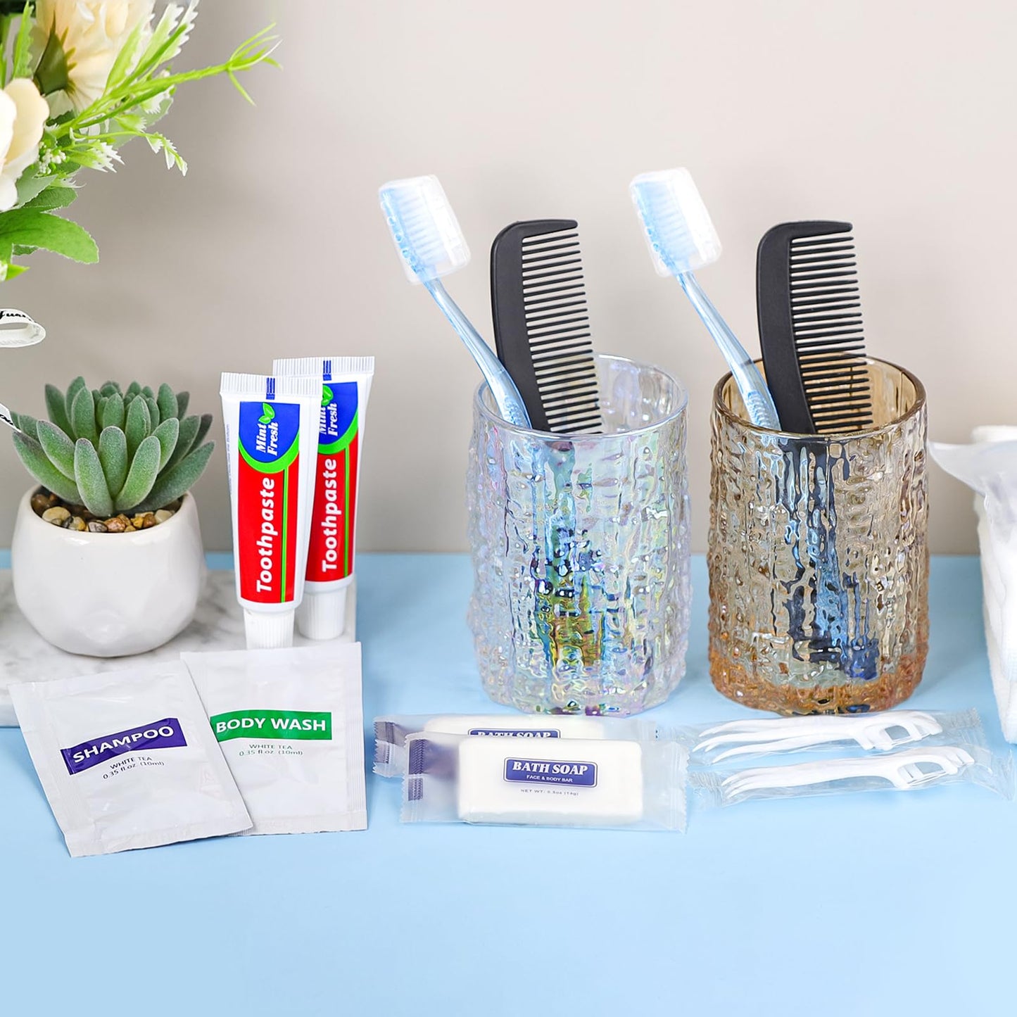 HQSLsund 50 Sets Bulk Hygiene Kits for Homeless,Basic Toiletry Kit Homeless Supplies Bulk,Disposable Toothbrushes with Toothpaste and Comb Individually Wrapped,Bath Soap,Shampoo,Body Wash,Floss Pick