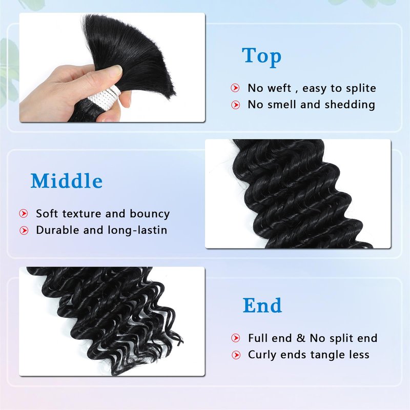 Coolbeeza Human Braiding Hair 16 Inch Deep Water Wave Bulk Human Hair for Braiding 12A Brazilian Virgin Curly Hair for Boho Braids Wet and Wavy No Weft 2 Bundles 100g Hair Extensions