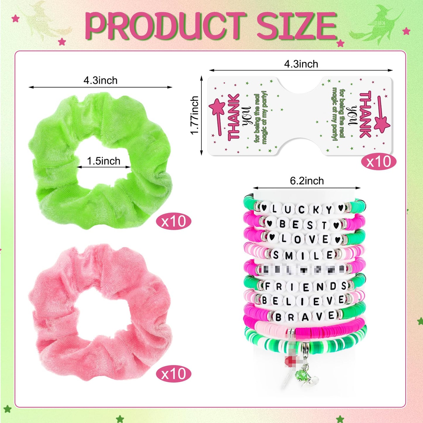 FineCheer 10 Sets Green and Pink Witch Gift for Girls Friendship Magic Bracelet and Scrunchie Bulk for Teen Themed Birthday Party Inspirational Thank You Gifts(Witch Theme)