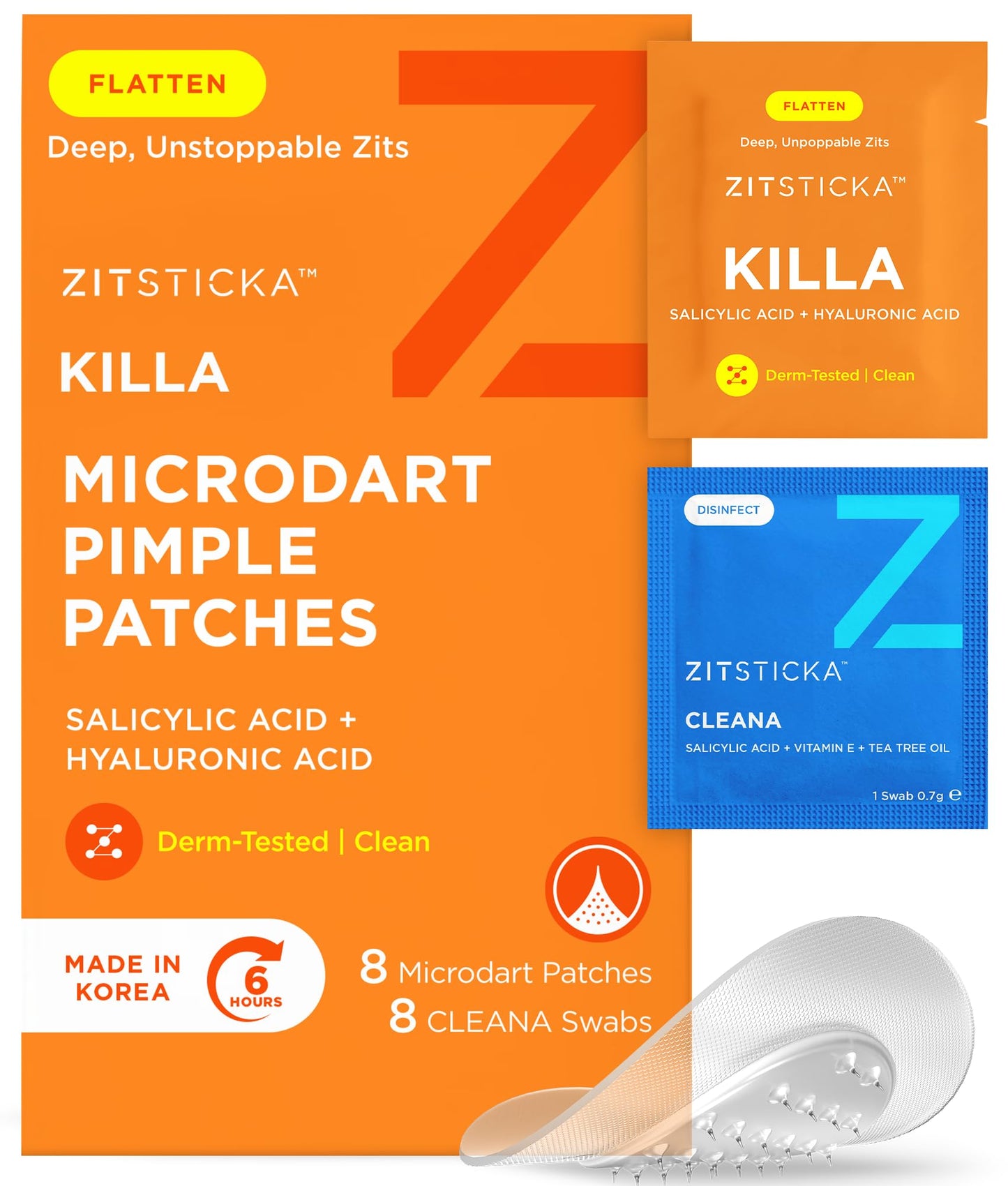 ZitSticka Killa Microdart Pimple Patches for Face - Most Potent Pimple Patch with Fast-Acting Microdarts - For Deep, Early-Stage Zits with Salicylic Acid - Regular 8 Count with Cleaning Swab