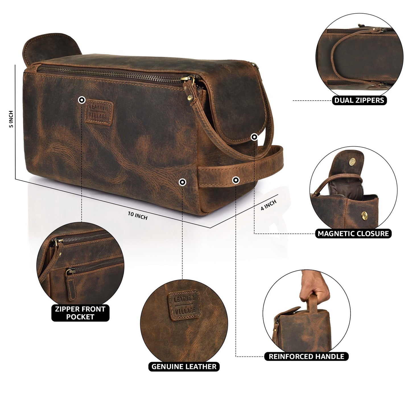 LEATHER VILLAGE Genuine Leather Travel Toiletry Bag - Water-Resistant Dopp Kit for Toiletries, Large Shaving Bag & Bathroom Organizer - Gift for Men & Women - Rustic Brown