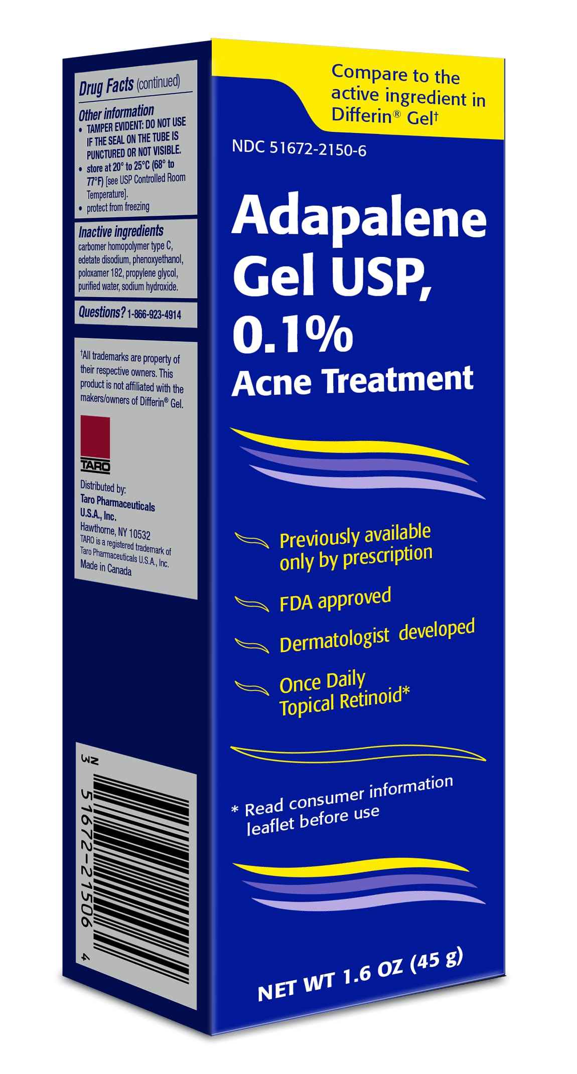 TARO Adapalene 0.1% USP Gel, Paraben Free, Retinoid Acne-Prone Facial Treatment for Sensitive Skin, Prescription Strenght (1.6)