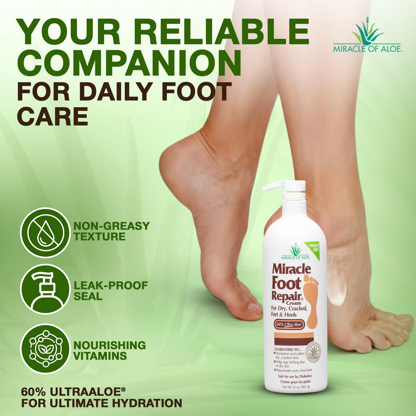 Miracle Foot Repair Cream (32 oz) Repairs Dry Cracked Heels and Feet, 60% Pure UltraAloe Moisturizes, Softens, and Repairs