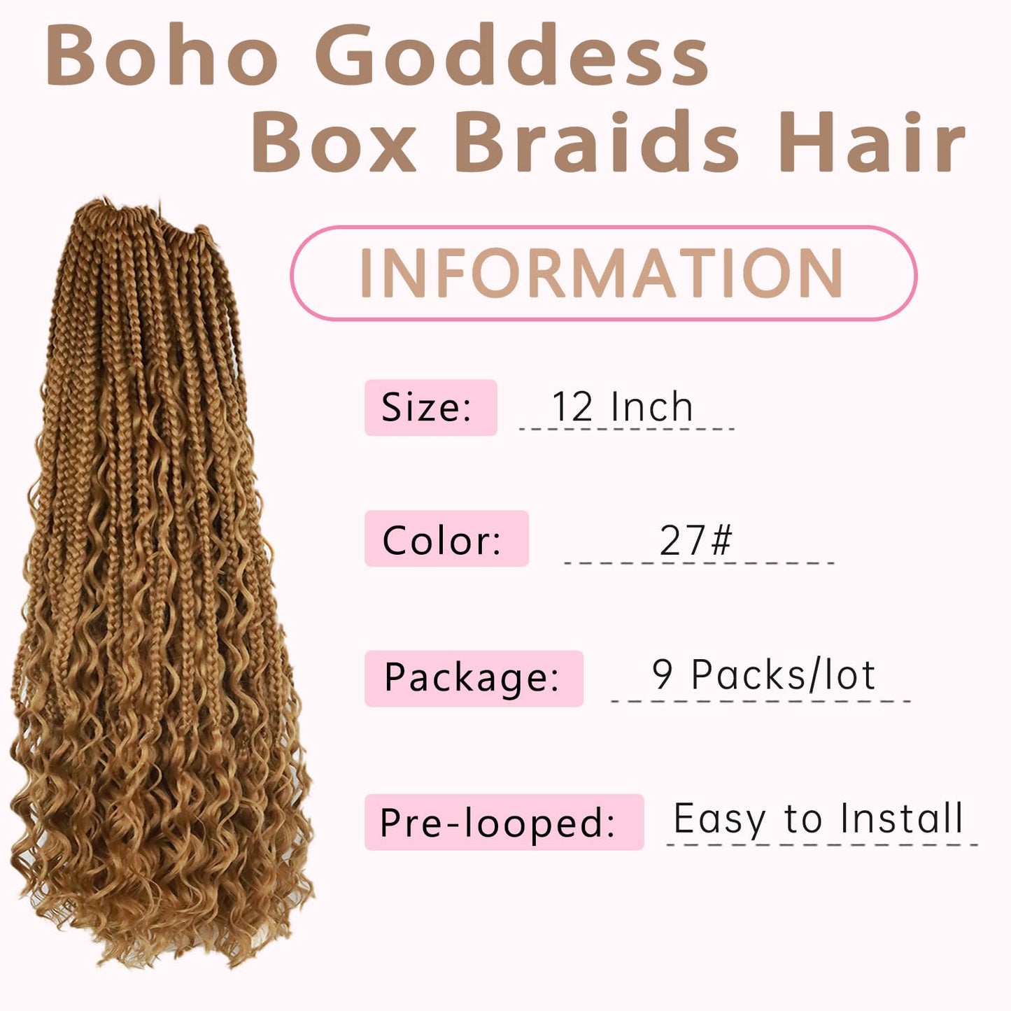 Boho Crochet Braids Human Hair 12 Inch Boho Crochet Braids Pre looped 9 Packs Bohemian Goddess Box Braids Crochet Hair For Women