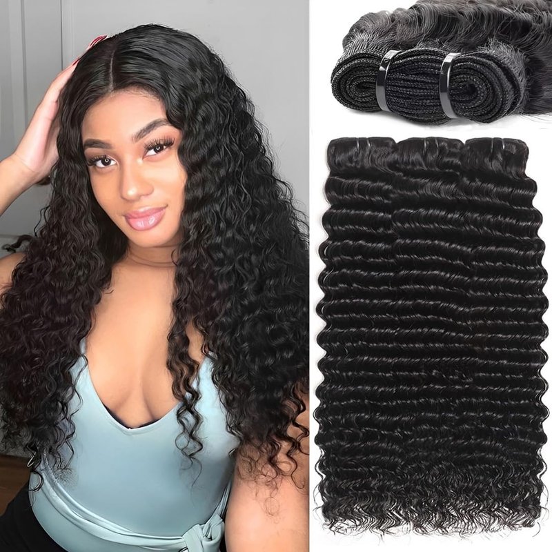 Deep Wave Human Hair Bundles 10 12 14 Inch Deep Curly Bundles Human Hair Double Weft 12A Brazilian Virgin Remy Hair Full and Thick