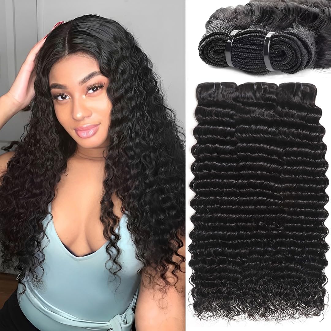 Deep Wave Human Hair Bundles 12 14 16 Inch Deep Curly Bundles Human Hair Double Weft 12A Brazilian Virgin Remy Hair Full and Thick