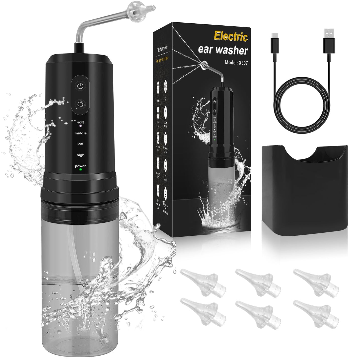 Ear Wax Removal, Electric Ear Irrigation Flushing System, Water Powered Ear Cleaner with 4 Pressure Modes, 6 Reusable Replacement Tips, Safe and Effective Ear Cleaning Tool for Adults (Black)