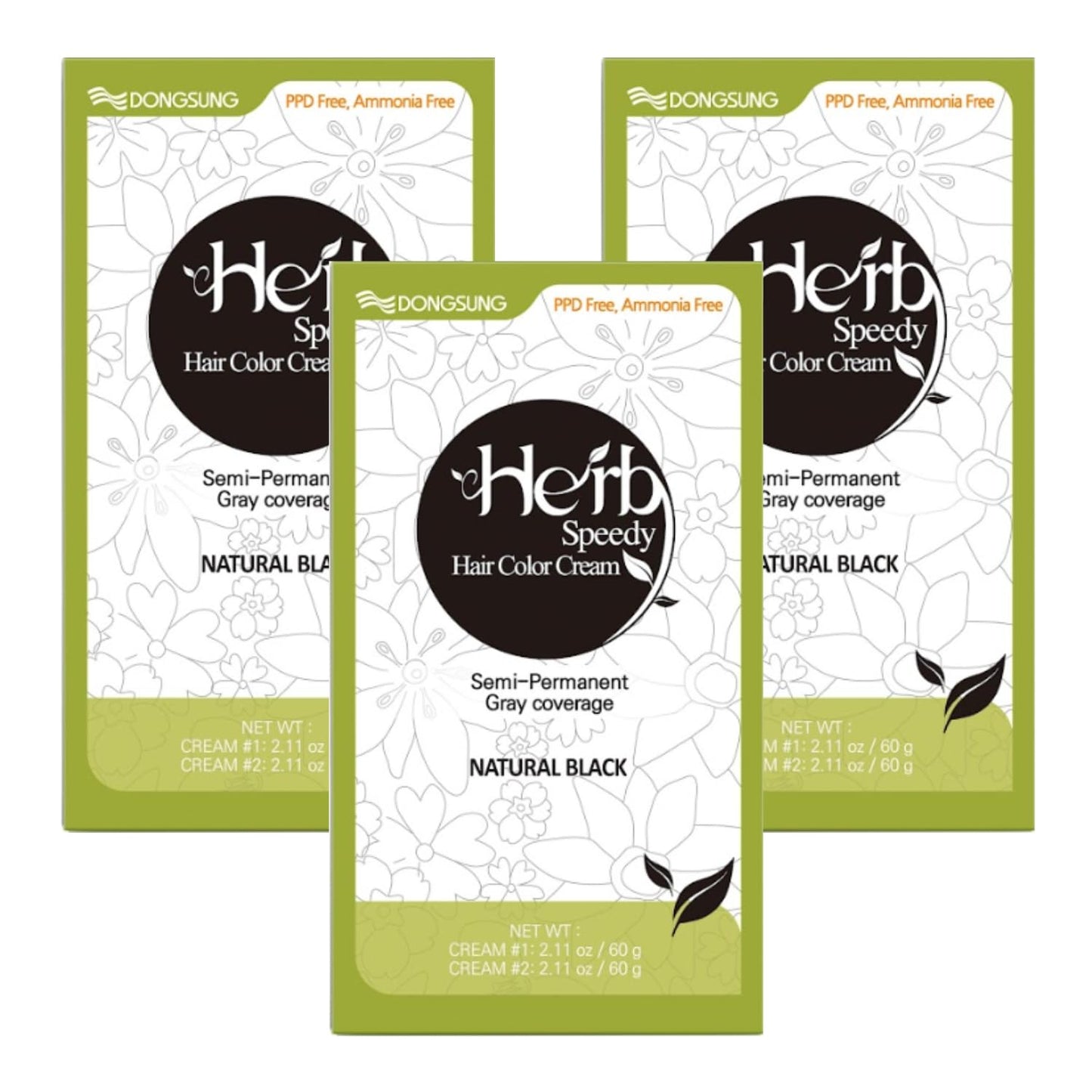 Dongsung Herb Speedy Color Cream (Natural Black, 3 Pack), PPD-Free Ammonia-Free Vegan Gray Coverage Hair Dye with Sun Protection, Odorless, Gentle for Sensitive Scalp, No Eye or Scalp Irritation