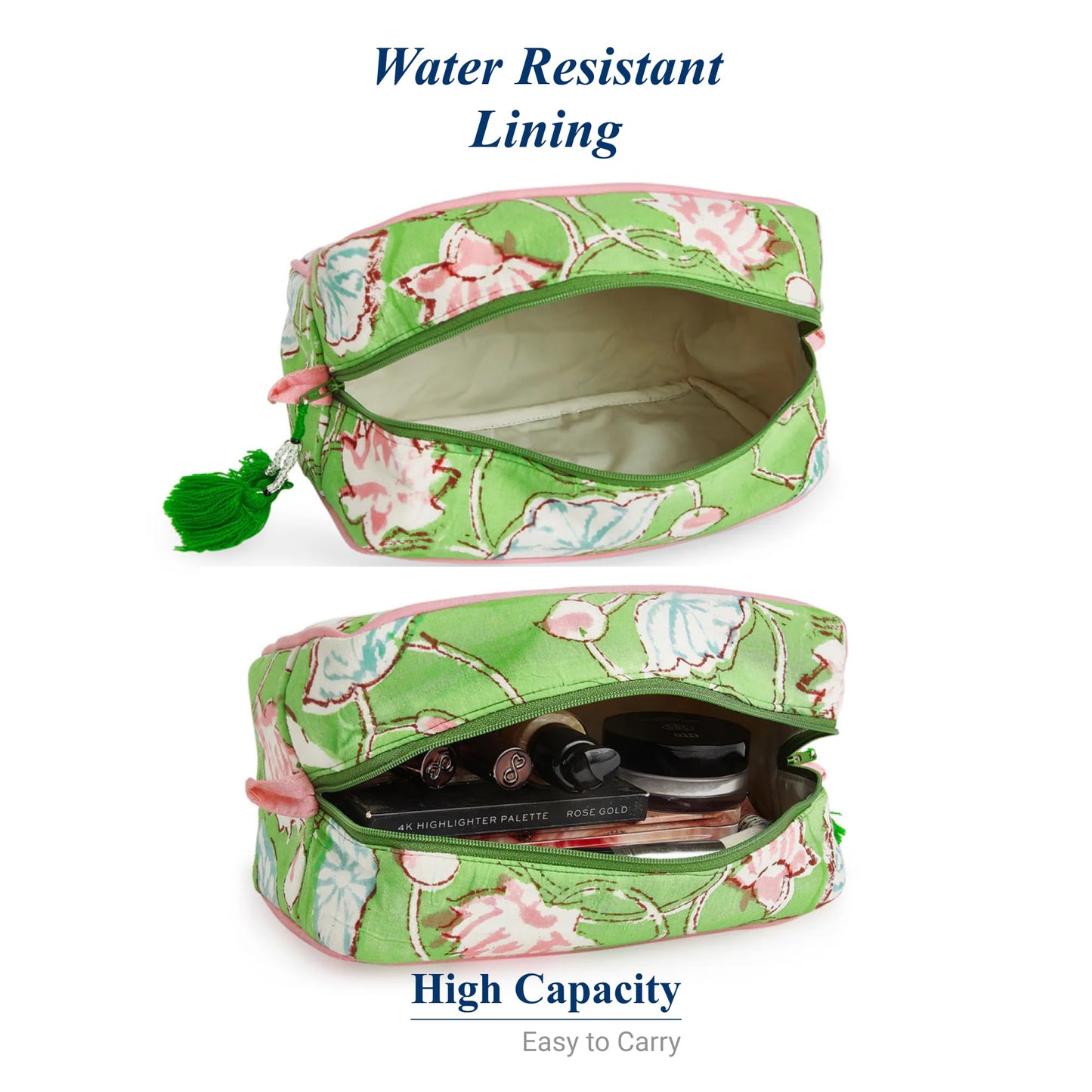 Huar Travel Makeup Bag- Large Capacity Cosmetic Bags for Women - Water Resistance Lining Portable Pouch & Open Toiletry Bag - Perfect Girls Makeup Organizer for Travel Essentials (Lime & Pink Floral)