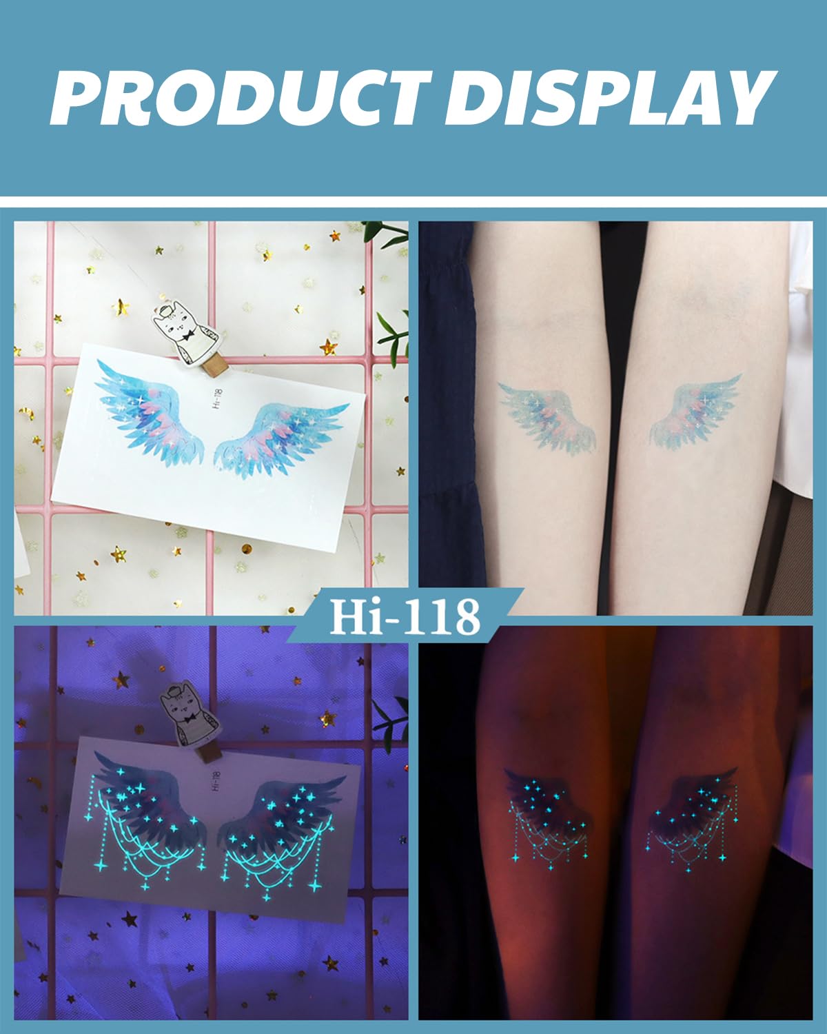Onogola 20 Sheets Glow In The Dark Butterfly Temporary Tattoos for Women, Luminous Flower Butterflies Wings Fake Tattoo Stickers Art Makeup Waterproof for Face Body Arm Party Favors