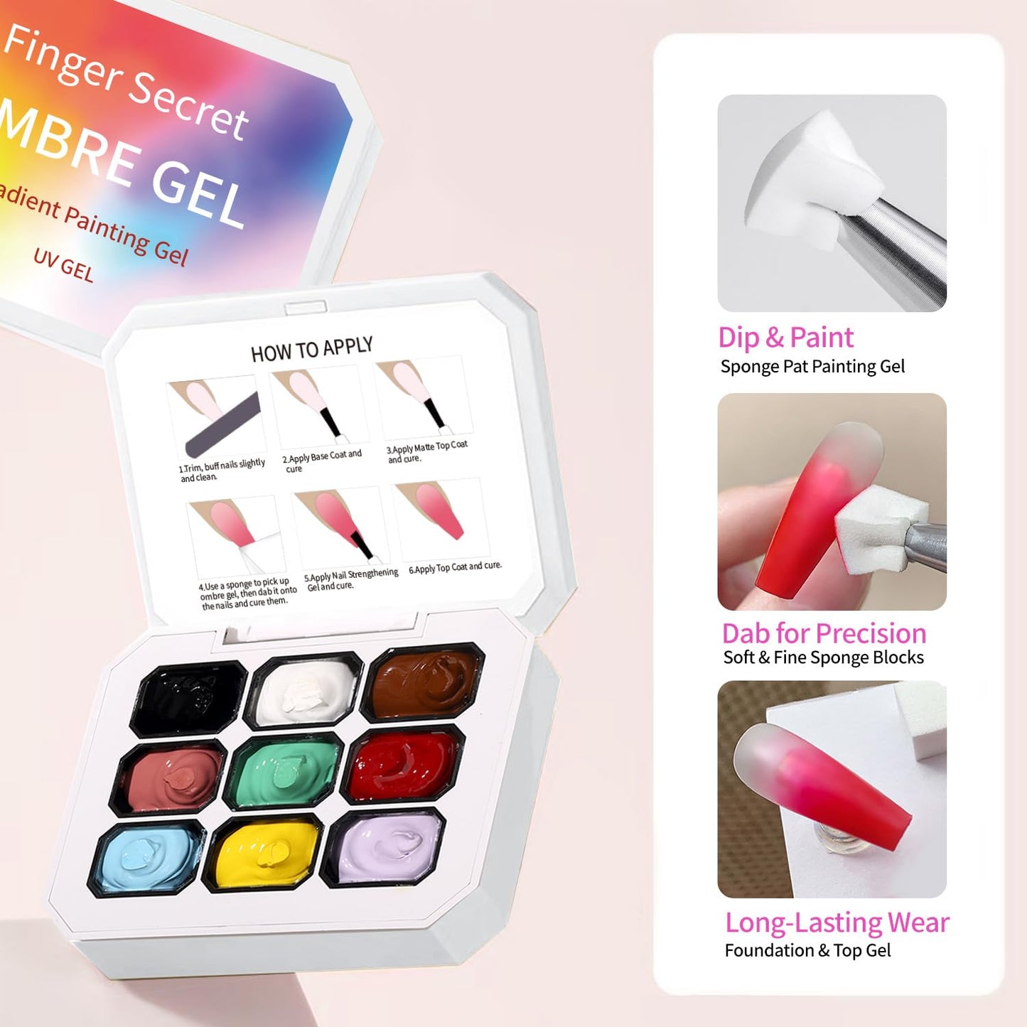 AOBOO Ombre Gel Nail Polish with Nail Art Sponges for Pat Gel Ombre Color Palette Blush Effect Pat Painting Gradient Blooming Gels 9colors for Ombre Nails Multistyle French Manicure DIY