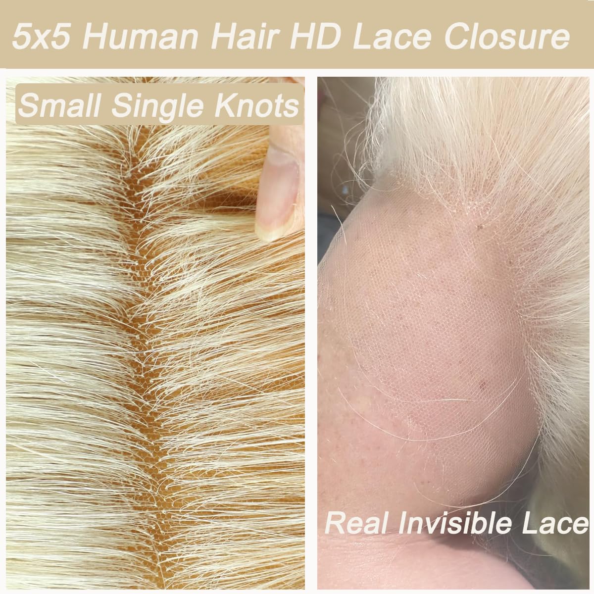 5x5 613 Closure Hd Transparent Lace 12A Grade Blonde Human Hair Pre Plucked With Baby Hair Brazilian Virgin Straight Hair Invisible Lace Frontal Closure Free Part 14 Inch