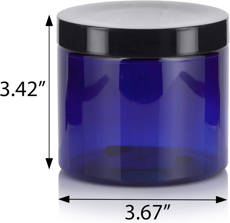 JUVITUS 16 oz Cobalt Blue Refillable PET Plastic Jars - Black Lid | 6 Pack