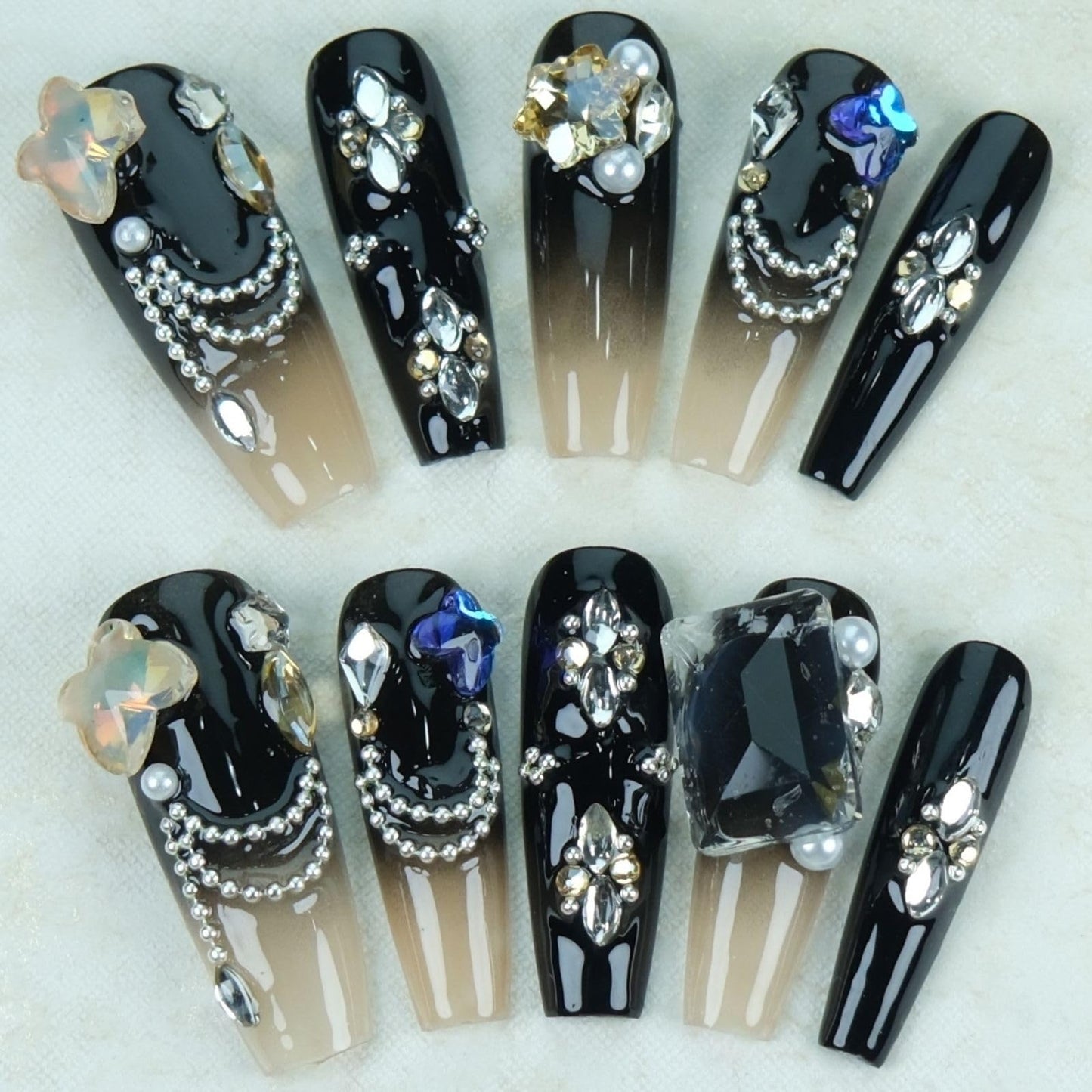 Duotaoii Press On Nails Medium Fake Nails Handmade Coffin False Nails Black Flower Diamond 3d Hand-Painted Nail Charms, Acrylic Nail Kit Glue On Nails,Reusable Stick on Nails for Women 10pcs S