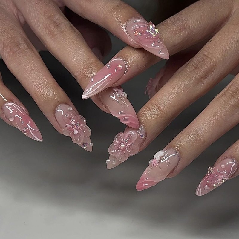 Set Clear Gel 3D Flowers Nails Charms Plain No Rhinestone Gems Handmade by Gel, Design For Medium & Long Nail,3D Flower Nail Art Floral Salon Decor For Women (Set Mix 24, Mix)