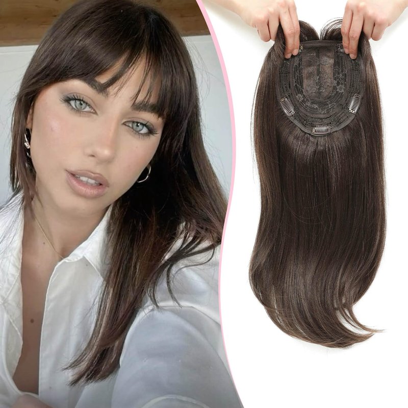 Megito Hair Topper with Bangs 18inch Long Hair Toppers for Women with Thinning Hair 6.5"X6.5" Big Base Synthetic Pieces for Women Daily Wear Add Volume Medium Brown