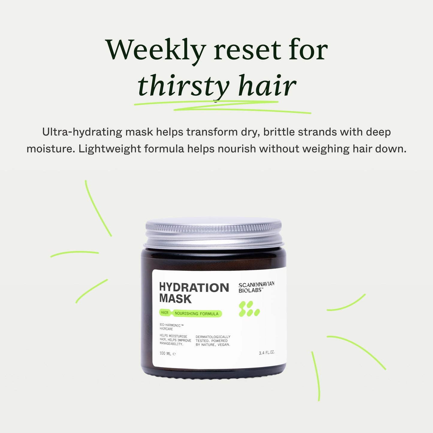 Scandinavian Biolabs Hydration Mask | Deep Moisture, Enhances Shine, Frizz & Damage Control, Immediate Hydration, Plant-Based Oils Blend, Suitable for All Hair Types, 100 mL/ 3.4 Oz