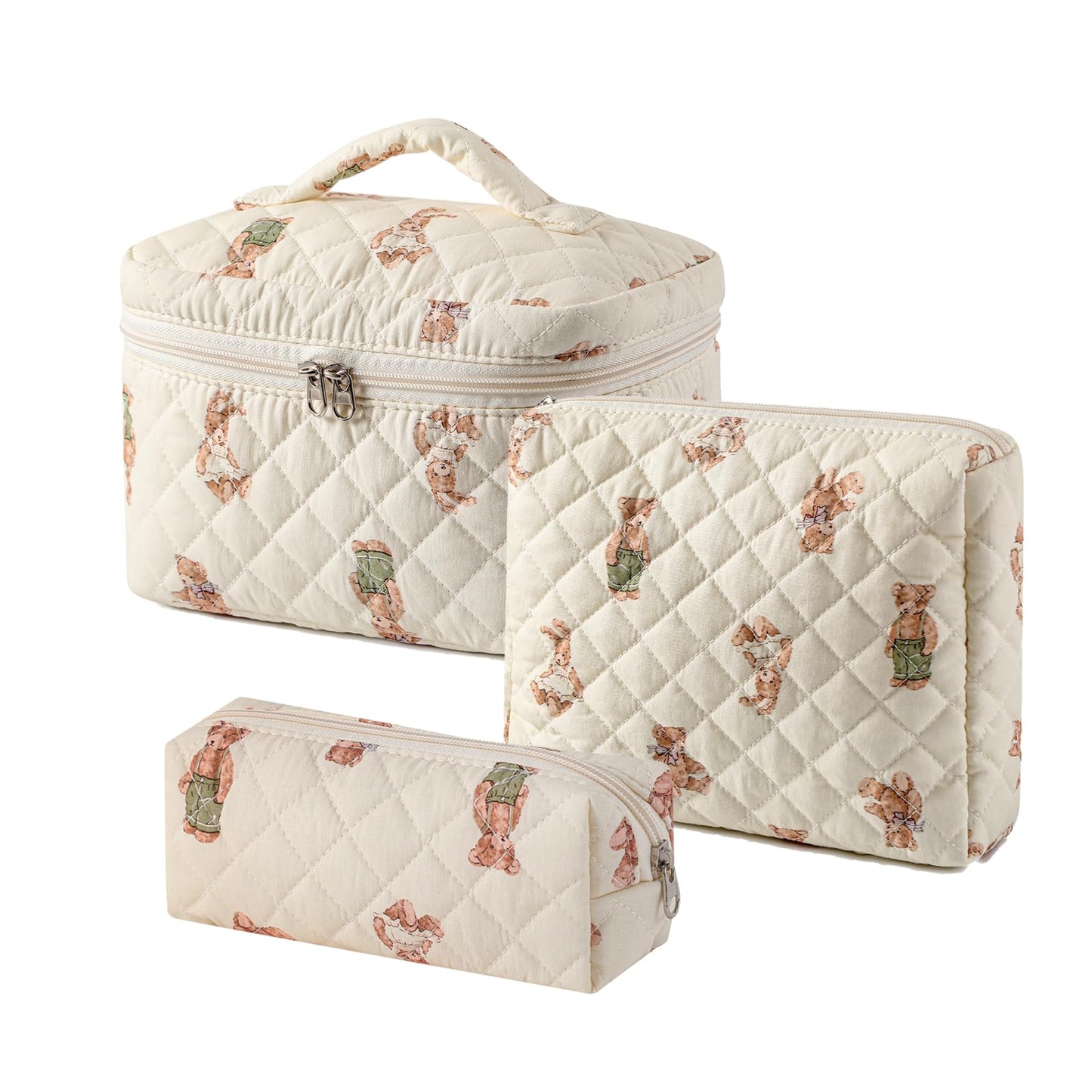 uekeboag 3 pcs Large Floral Quilted Makeup Bag Set for Women, Cotton Quilted Big Cosmetic Bag, Coquette Aesthetic Cute Travel Toiletry Bag(3Pcs Bear)